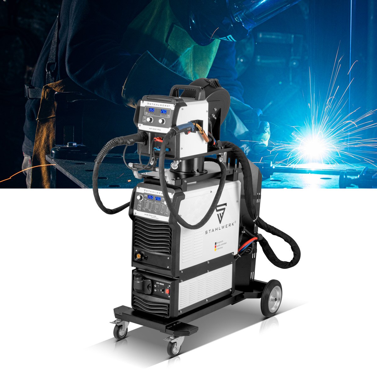 Poste de soudage industriel STAHLWERK MIG MAG 350 DP Onduleur IGBT entièrement synergique, refroidi par eau avec 350 A et fonction spot, système de soudage MIG MAG avec impulsion | Double impulsion | Impulsion à grande vitesse