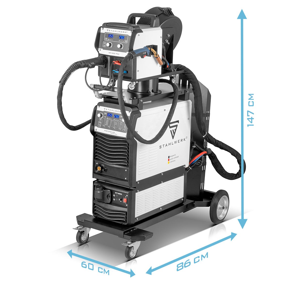 Poste de soudage industriel STAHLWERK MIG MAG 350 DP Onduleur IGBT entièrement synergique, refroidi par eau avec 350 A et fonction spot, système de soudage MIG MAG avec impulsion | Double impulsion | Impulsion à grande vitesse