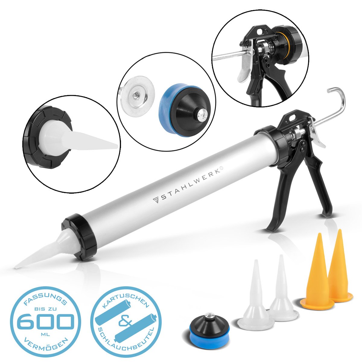 STAHLWERK Silikon-Pistole SP-600 ST mit Silikon-Spachtel 600 ml Aluminium-Kartuschenpresse | Kartuschenpistole inklusive Silikon-Schaber | Fugenabzieher | Fugenglätter | Silikon-Entferner