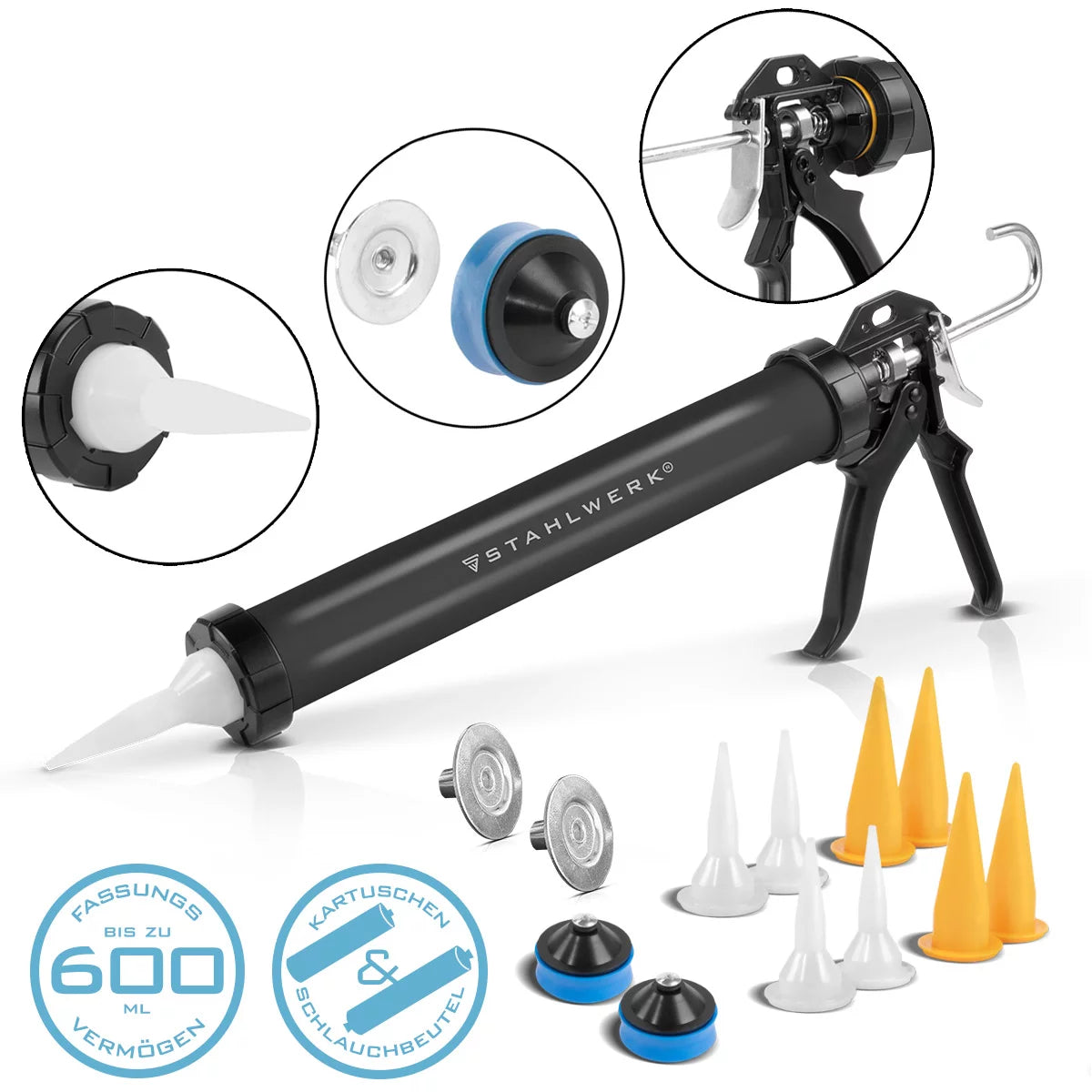 Pistolet à silicone STAHLWERK SPB-600 ST avec presse à silicone en aluminium de 600 ml | pistolet acrylique | Presse à cartouches | Presse à sacs | Seringue en silicone | Pistolet à cartouches pour cartouches et sacs tubulaires