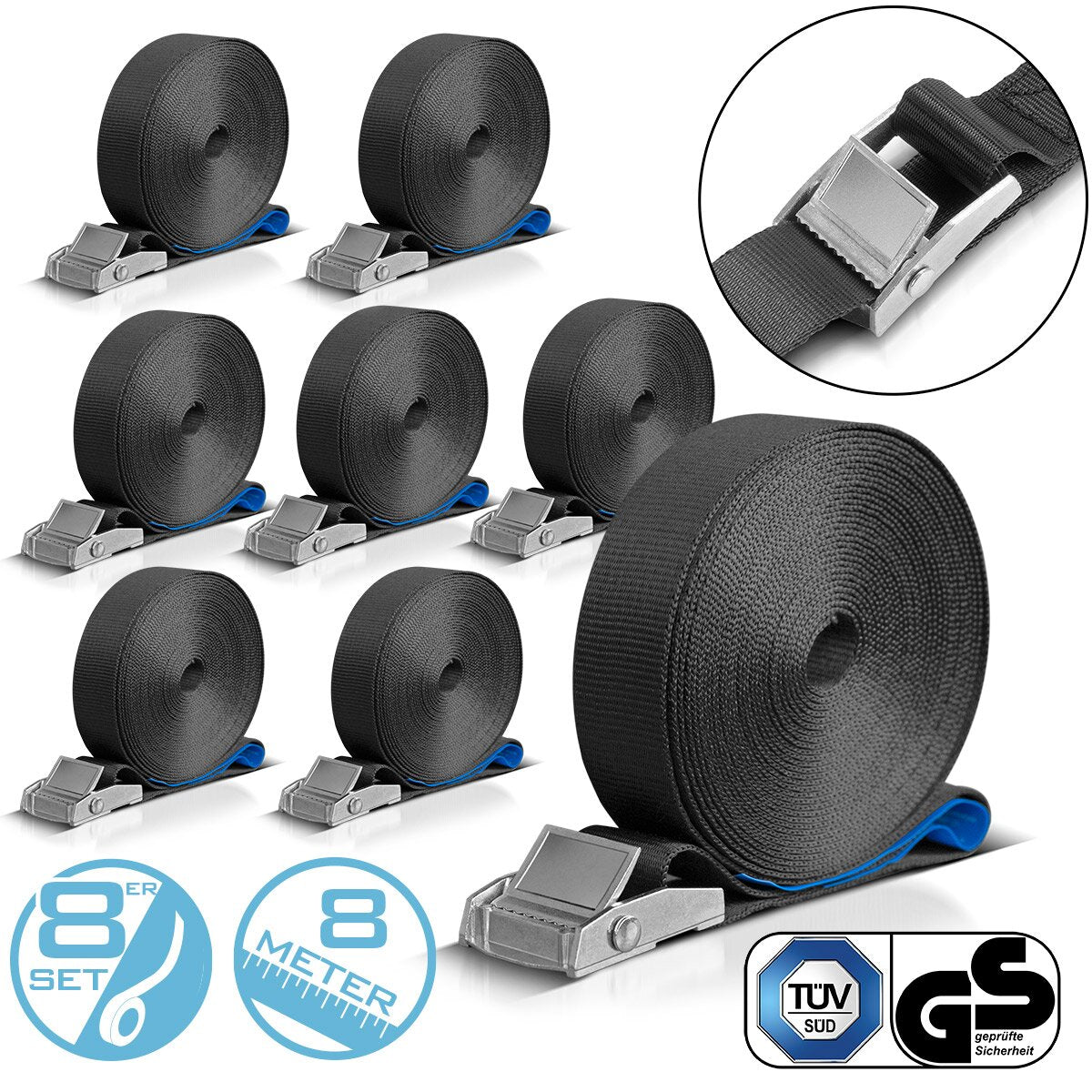 STAHLWERK Spanngurt 8er Set 8 m x 25 mm LC 250 daN Befestigungsriemen | Zurrgurt mit Klemmschloss TÜV/GS geprüft