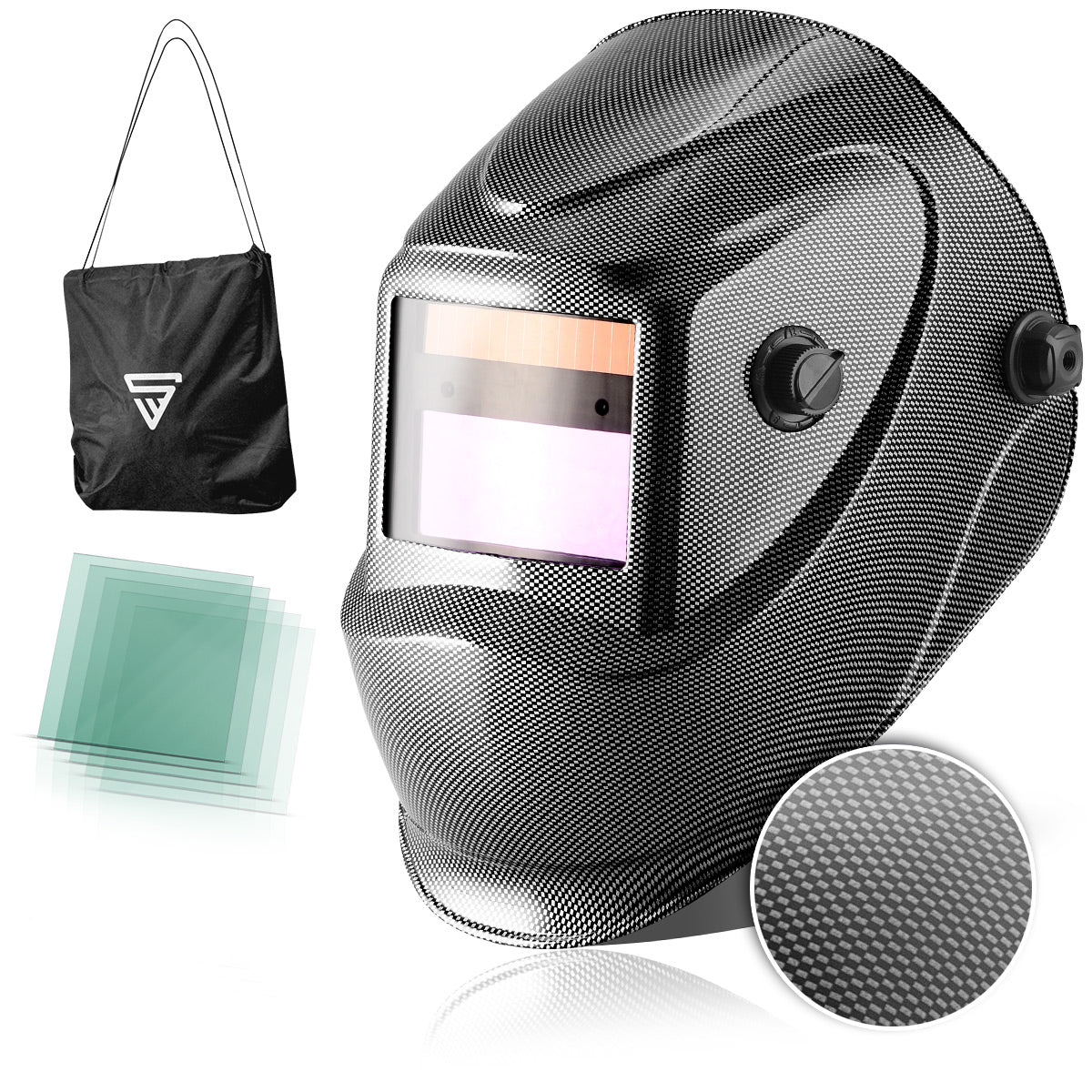 Casco de soldadura STAHLWERK totalmente automático ST-450 RC con aspecto de carbono, oscurecimiento totalmente automático, parámetros ajustables, incl. 5 lentes de repuesto