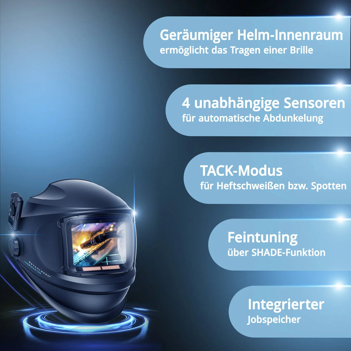 Casco per saldatura automatica STAHLWERK 3 in 1 MASTER AIR | Casco per saldatura con apporto di aria fresca | Telecomando Bluetooth | Riproduzione fedele dei colori | Oscurante da DIN 4 a DIN 14 | Classe ottica 1/1/1/1