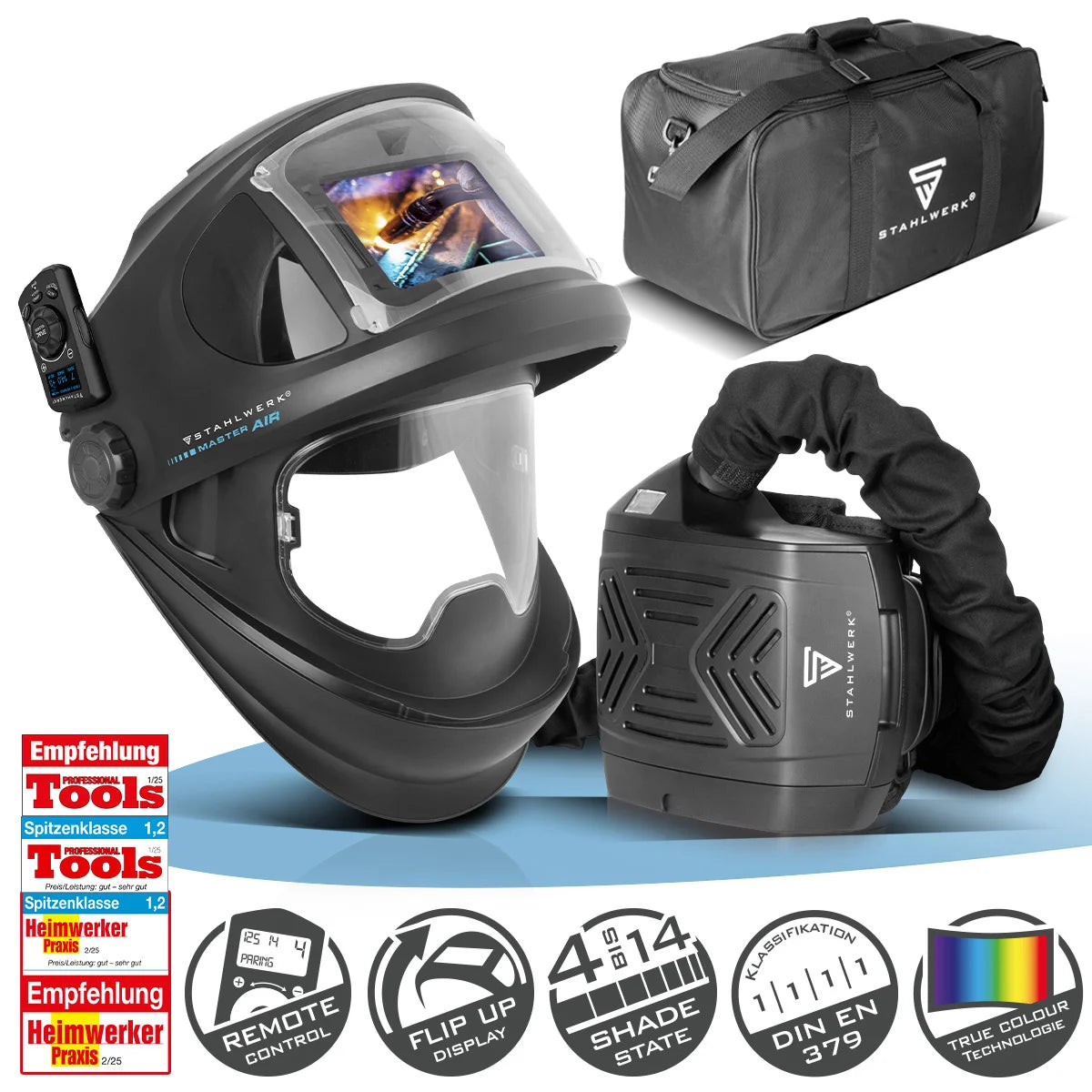 Casco per saldatura automatica STAHLWERK 3 in 1 MASTER AIR | Casco per saldatura con apporto di aria fresca | Telecomando Bluetooth | Riproduzione fedele dei colori | Oscurante da DIN 4 a DIN 14 | Classe ottica 1/1/1/1