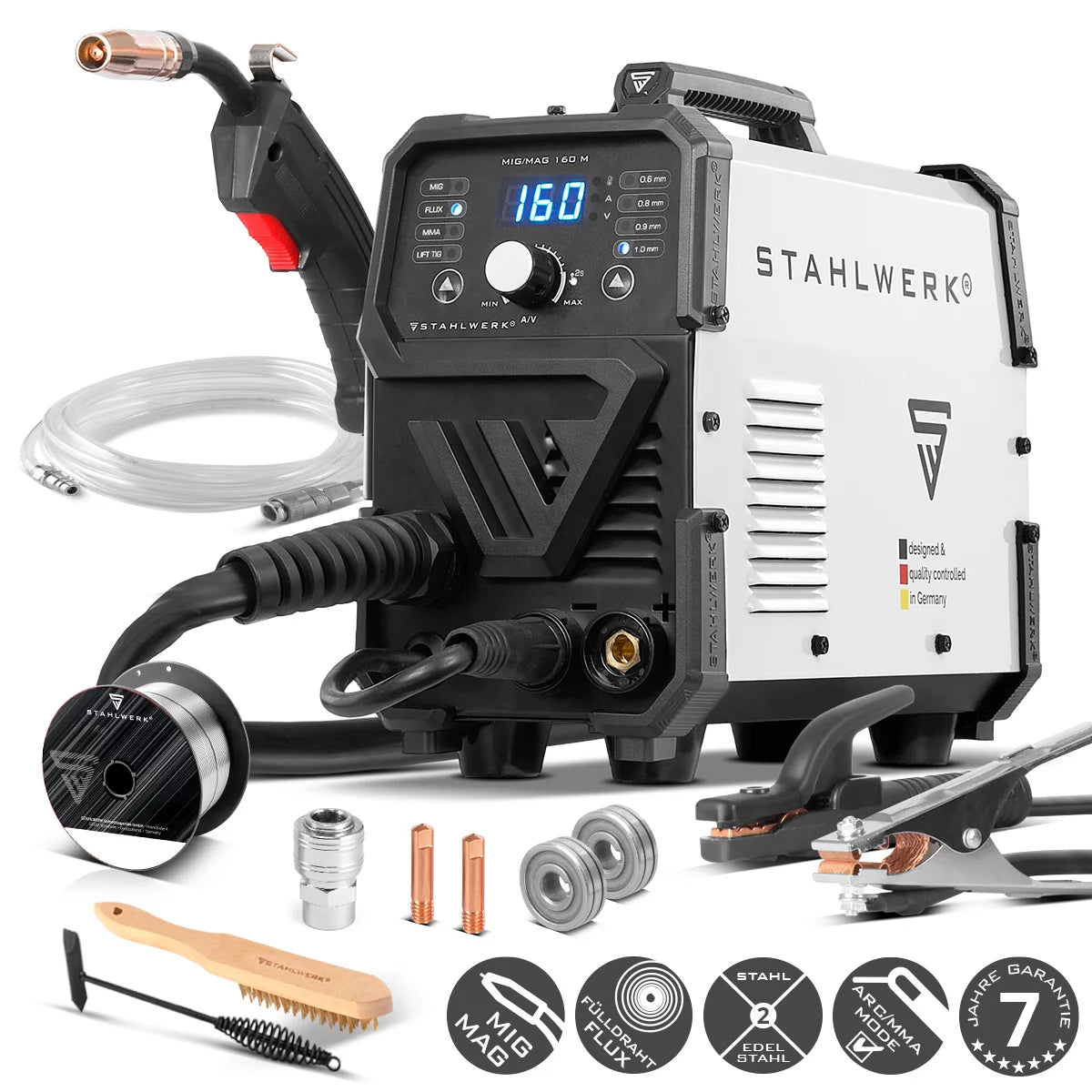 Saldatrice STAHLWERK MIG/MAG 160 M Dispositivo combinato 5 in 1 completamente sinergico con 160 A reali e 2 rotoli di filo trainato/animato, MIG MAG, ARC MMA, Lift TIG