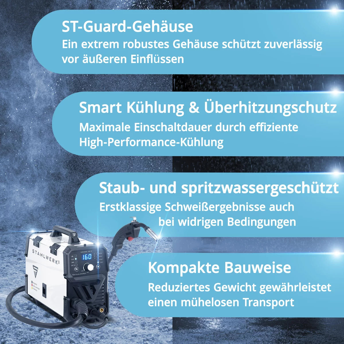Saldatrice STAHLWERK MIG/MAG 160 M Dispositivo combinato 5 in 1 completamente sinergico con 160 A reali e 2 rotoli di filo trainato/animato, MIG MAG, ARC MMA, Lift TIG