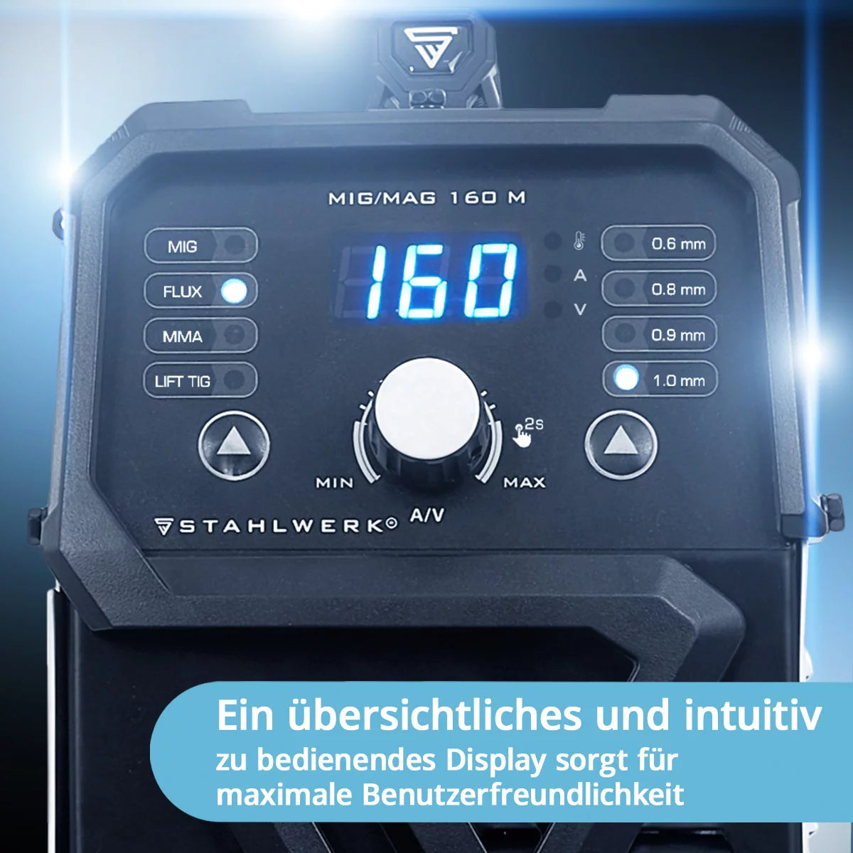 Saldatrice STAHLWERK MIG/MAG 160 M Dispositivo combinato 5 in 1 completamente sinergico con 160 A reali e 2 rotoli di filo trainato/animato, MIG MAG, ARC MMA, Lift TIG