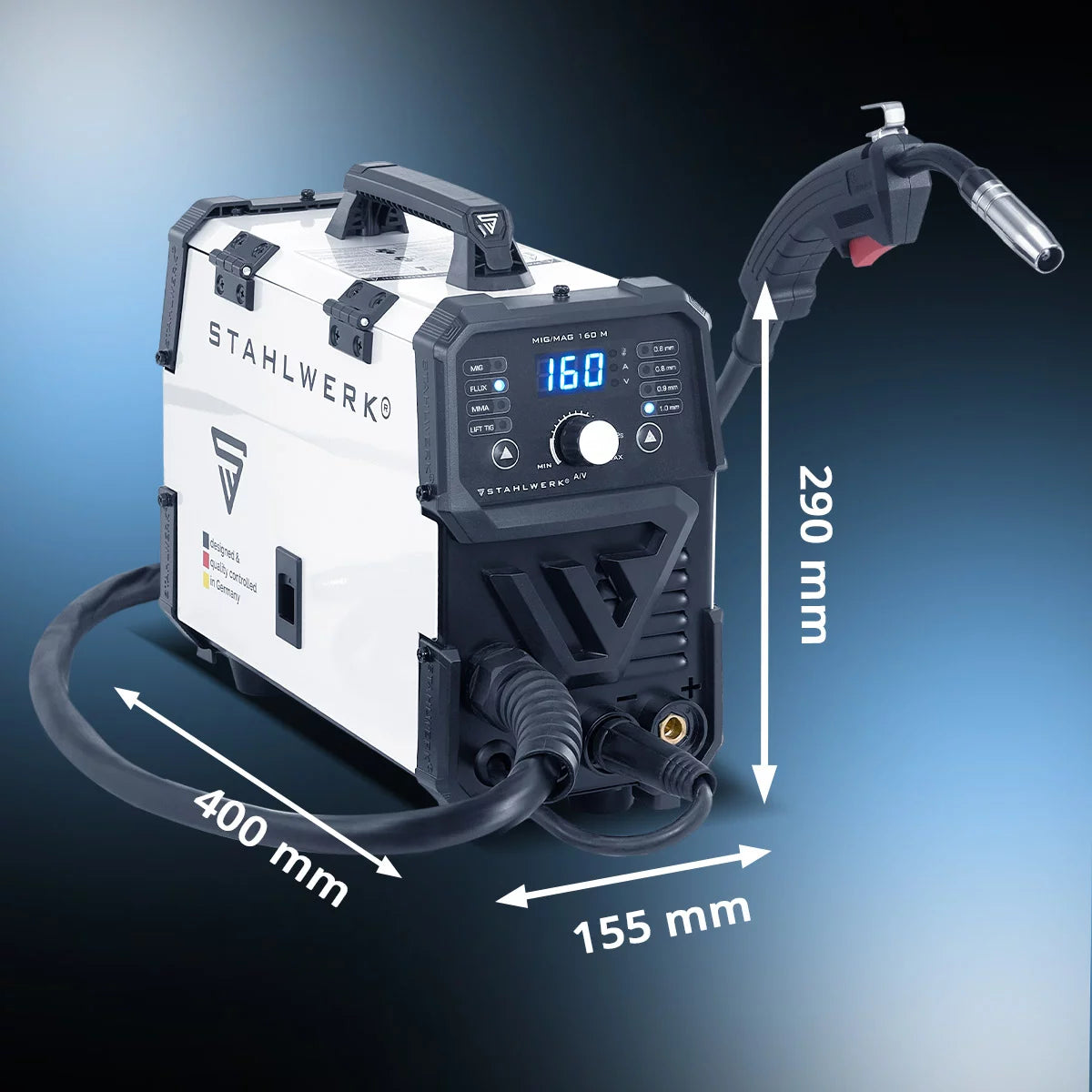 Saldatrice STAHLWERK MIG/MAG 160 M Dispositivo combinato 5 in 1 completamente sinergico con 160 A reali e 2 rotoli di filo trainato/animato, MIG MAG, ARC MMA, Lift TIG