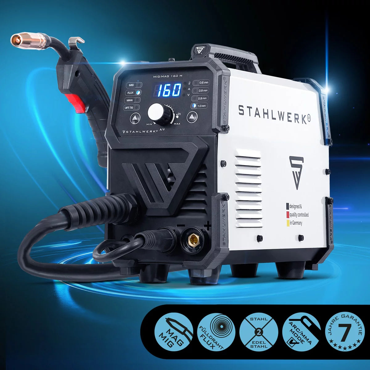STAHLWERK MIG MAG 160 M Saldatrice completamente attrezzata Dispositivo combinato 5 in 1 completamente sinergico con 160 A reali e 2 rotoli di filo trainato/animato, MIG MAG, ARC MMA, Lift TIG
