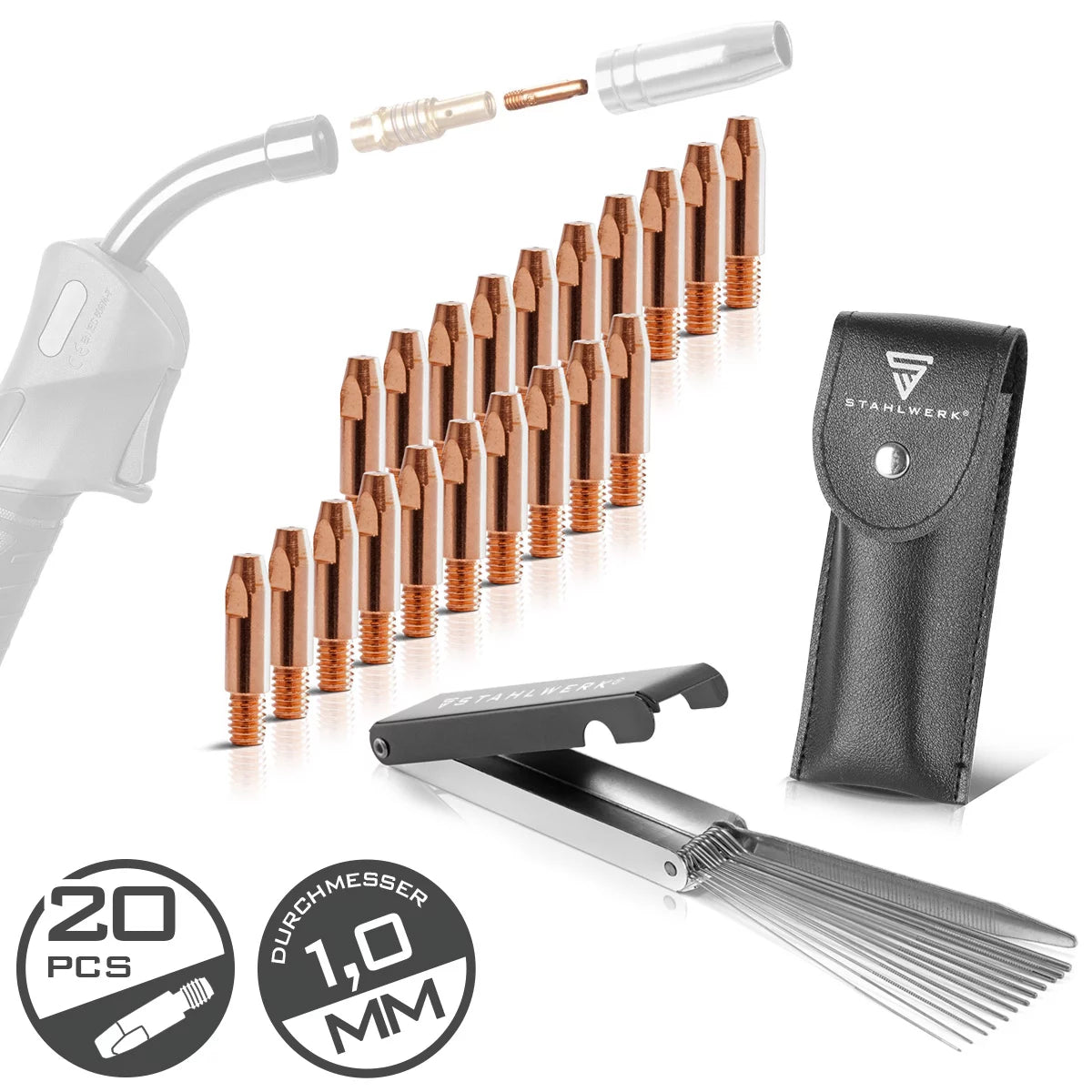 Set punte di contatto STAHLWERK MIG MAG | Set di 20 punte di contatto M6x28 1,0 mm | Pulitore per ugelli 13 in 1 in custodia | AK25, MB25, KD24, MB24 | Set di parti di pulizia e usura per torce di saldatura MIG/MAG