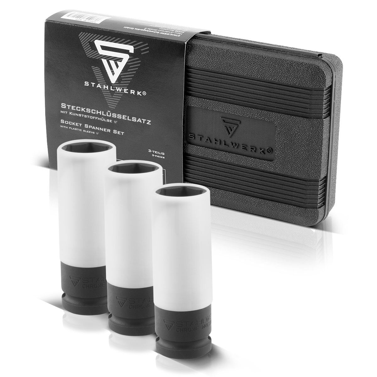 Jeu de clés à douille STAHLWERK 1/2 pouces 3 douilles à chocs de haute qualité 17, 19, 21 mm en acier chromé-molybdène galvanisé