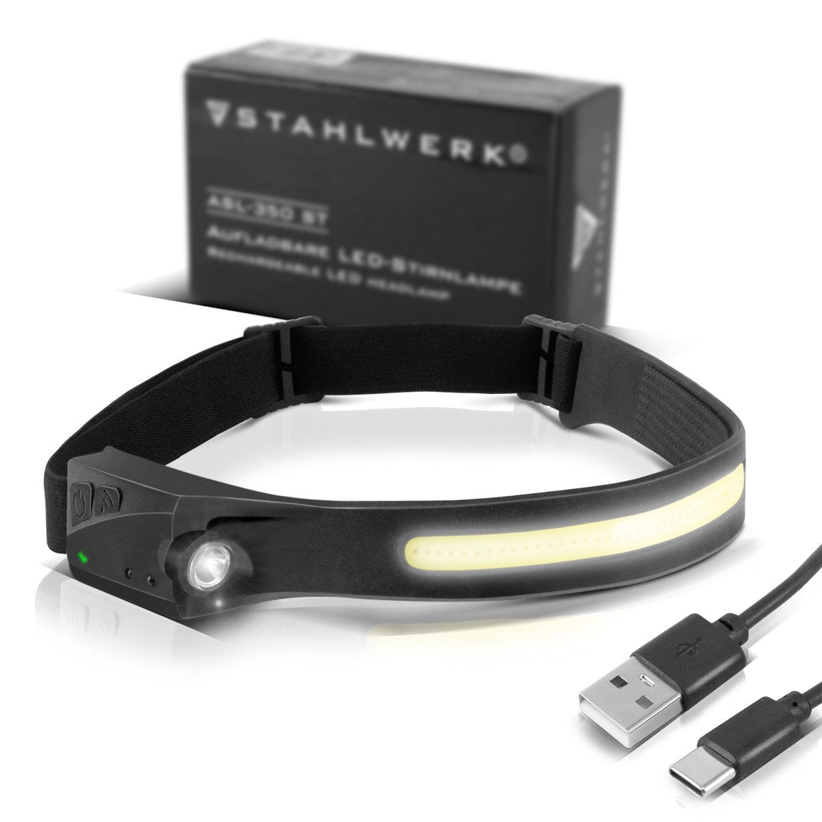 STAHLWERK Lampe frontale LED ALS-350 ST Lampe frontale/lampe de travail/lampe frontale puissante avec batterie intégrée, port USB-C, 5 modes d'éclairage et capteur