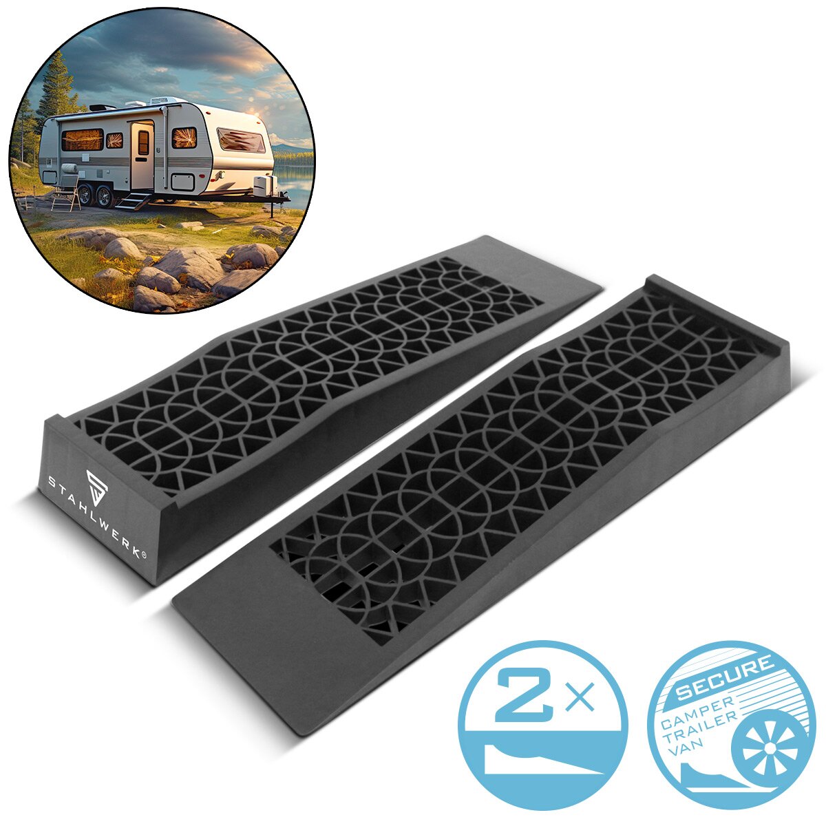 Cuneo per gradini STAHLWERK GT-13 ST set da 2 con portata di 3 t Cuneo per rampa 700 x 200 x 78 mm | Cunei da ruota | Rampa di accesso | Rampa | Cuneo di compensazione per camper, roulotte, roulotte o rimorchio