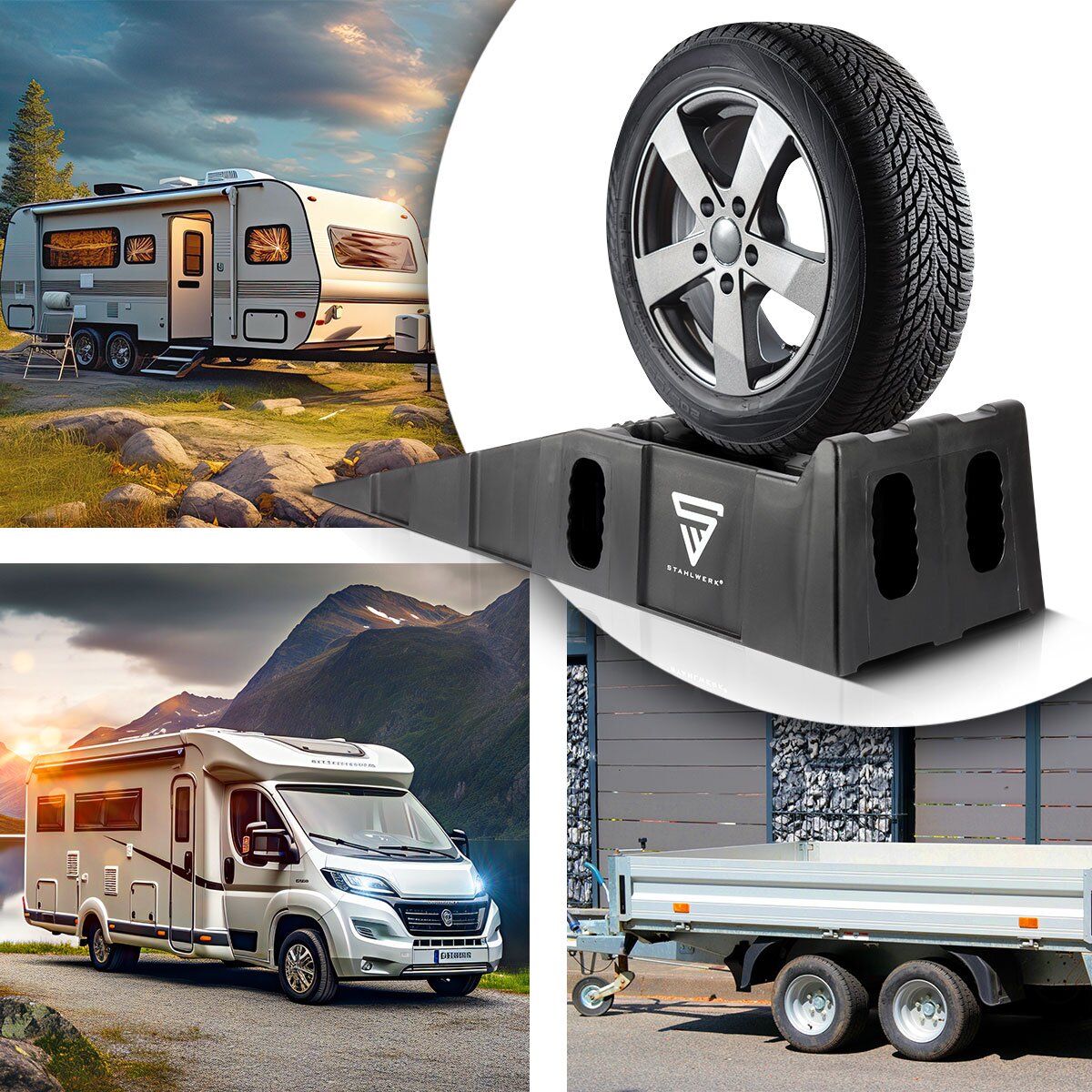 Cuneo per gradini STAHLWERK GT-15 ST set da 2 con portata di 6 t Cuneo carrabile 905 x 330 x 215 mm | Cunei da ruota | Rampa di accesso | Rampa | Cuneo di compensazione per camper, roulotte, roulotte o rimorchio
