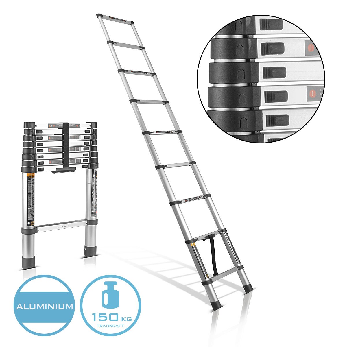 Escalera telescópica STAHLWERK TL-260 ST con 150 kg de capacidad de carga y 2,60 m de longitud máxima, escalera extensible de aluminio | Escalera inclinada | Escalera de peldaños con peldaños antideslizantes que incluye 7 años de garantía del fabricante.