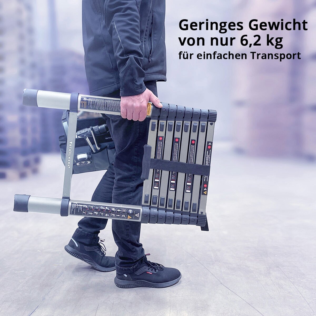 Échelle télescopique STAHLWERK TL-260 ST avec capacité de charge de 150 kg et longueur maximale de 2,60 m, échelle extensible en aluminium | Échelle penchée | Échelle à échelons avec échelons antidérapants avec garantie constructeur de 7 ans