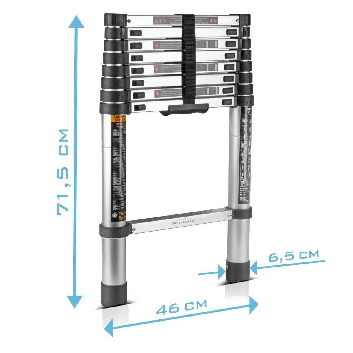Échelle télescopique STAHLWERK TL-260 ST avec capacité de charge de 150 kg et longueur maximale de 2,60 m, échelle extensible en aluminium | Échelle penchée | Échelle à échelons avec échelons antidérapants avec garantie constructeur de 7 ans