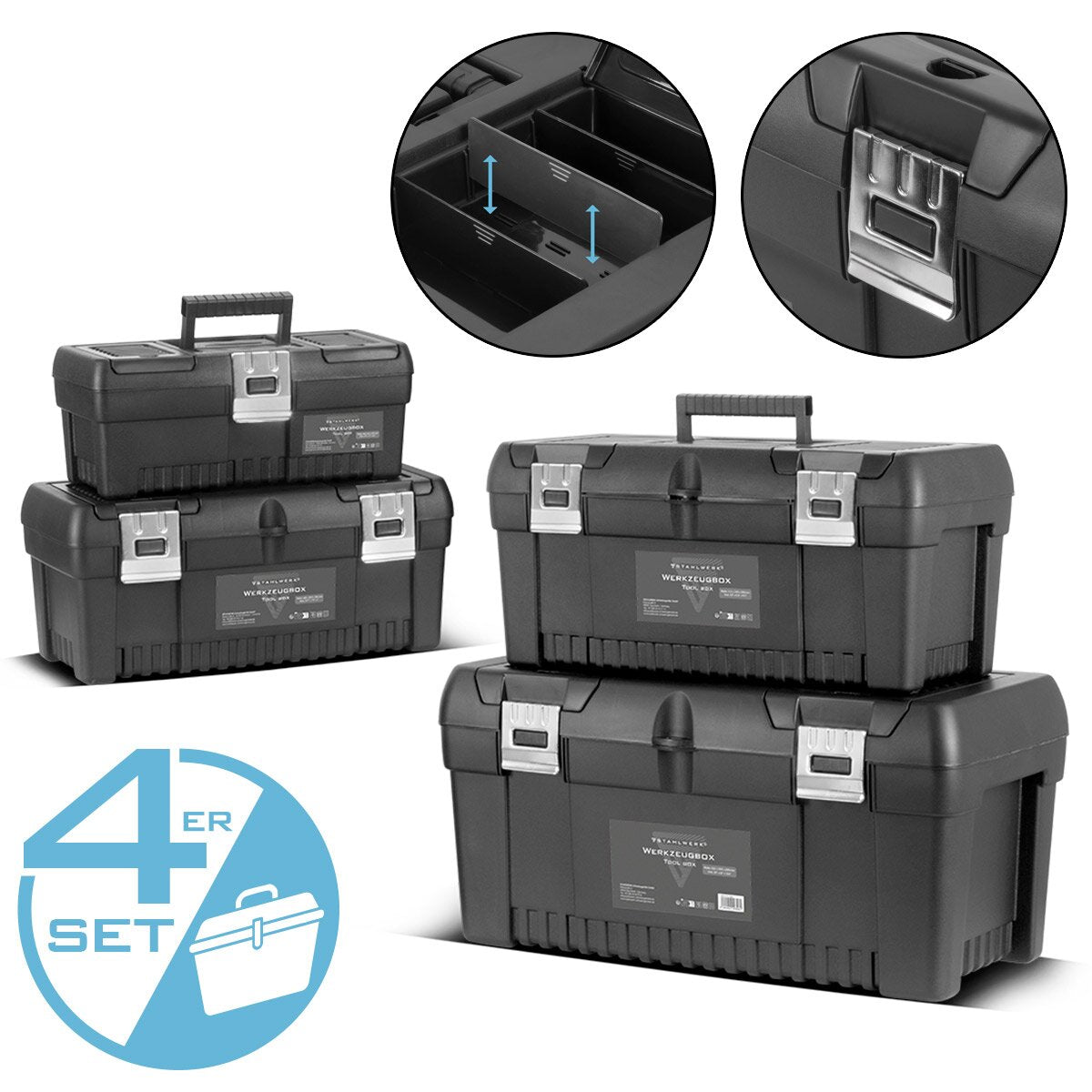 STAHLWERK Toolbox Set mit 4 leeren Werkzeugkisten | Werkzeugbox | Werkzeugkoffer | Werkzeugkasten | Werkzeug-Organizer | 4 in 1 Modul-System mit integrierten Sortimentsboxen