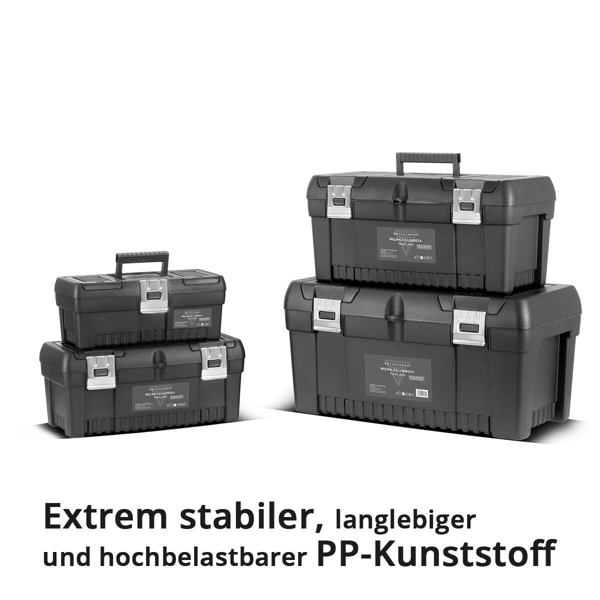 STAHLWERK Toolbox Set mit 4 leeren Werkzeugkisten | Werkzeugbox | Werkzeugkoffer | Werkzeugkasten | Werkzeug-Organizer | 4 in 1 Modul-System mit integrierten Sortimentsboxen