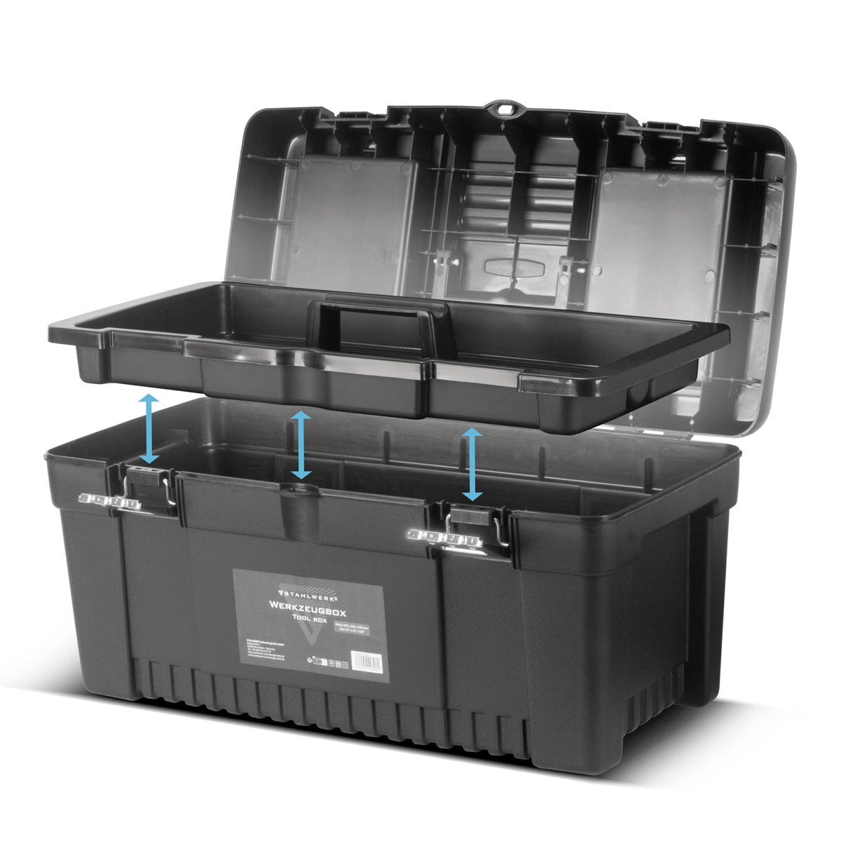 STAHLWERK Toolbox Set mit 4 leeren Werkzeugkisten | Werkzeugbox | Werkzeugkoffer | Werkzeugkasten | Werkzeug-Organizer | 4 in 1 Modul-System mit integrierten Sortimentsboxen