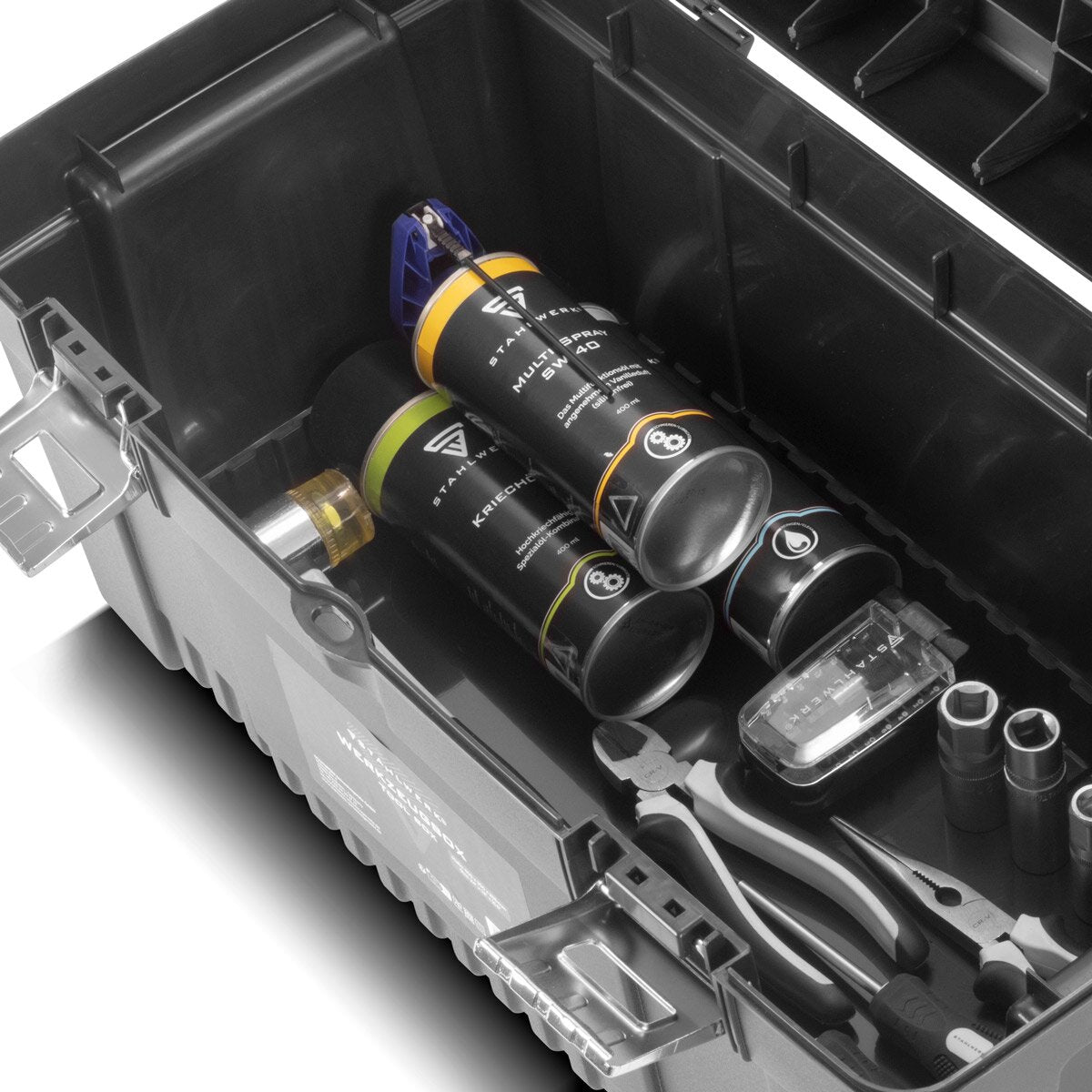 STAHLWERK Toolbox Set mit 4 leeren Werkzeugkisten | Werkzeugbox | Werkzeugkoffer | Werkzeugkasten | Werkzeug-Organizer | 4 in 1 Modul-System mit integrierten Sortimentsboxen