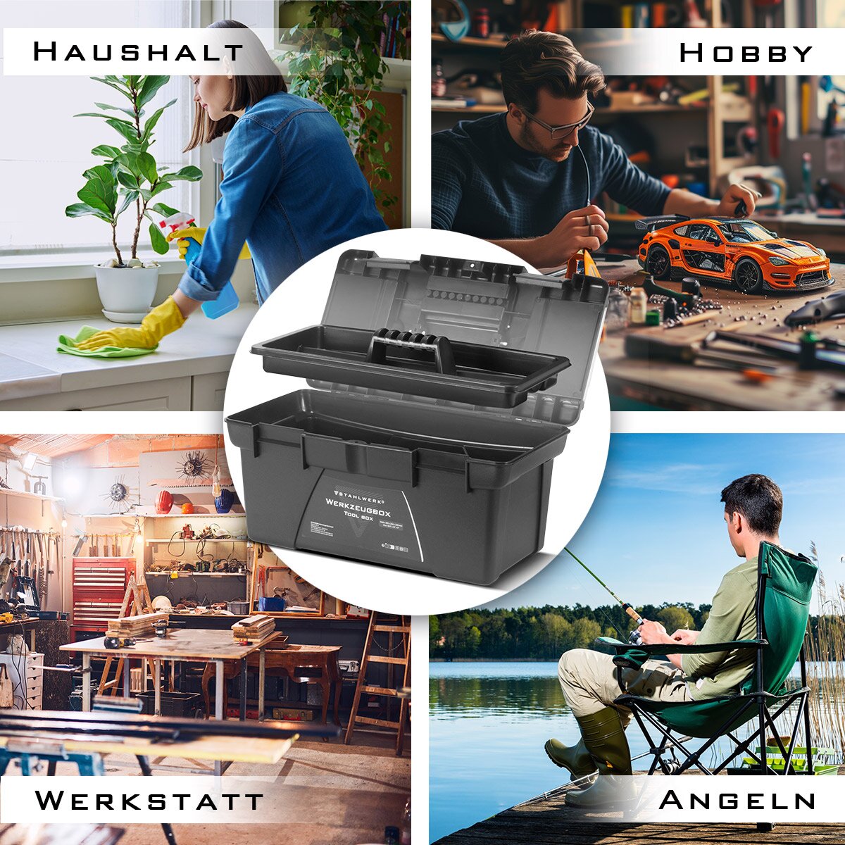 STAHLWERK Toolbox Set mit 5 leeren Werkzeugkisten | Werkzeugbox | Werkzeugkoffer | Werkzeugkasten | Werkzeug-Organizer | 5 in 1 Modul-System mit integrierten Sortimentsboxen