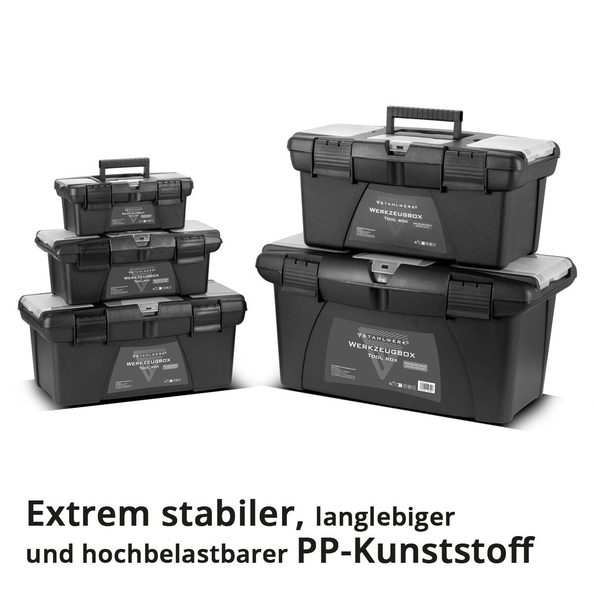 STAHLWERK Toolbox Set mit 5 leeren Werkzeugkisten | Werkzeugbox | Werkzeugkoffer | Werkzeugkasten | Werkzeug-Organizer | 5 in 1 Modul-System mit integrierten Sortimentsboxen