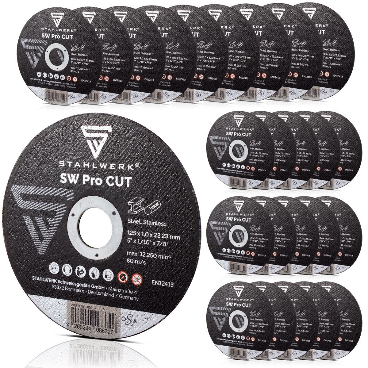 STAHLWERK cutting disc SW Pro CUT set of 25 125 x 1.0 x 22.23 mm | 5" x 3/64 x 7/8" sanding discs | Flex discs for angle grinders for cutting steel, stainless steel, aluminum and non-ferrous metals