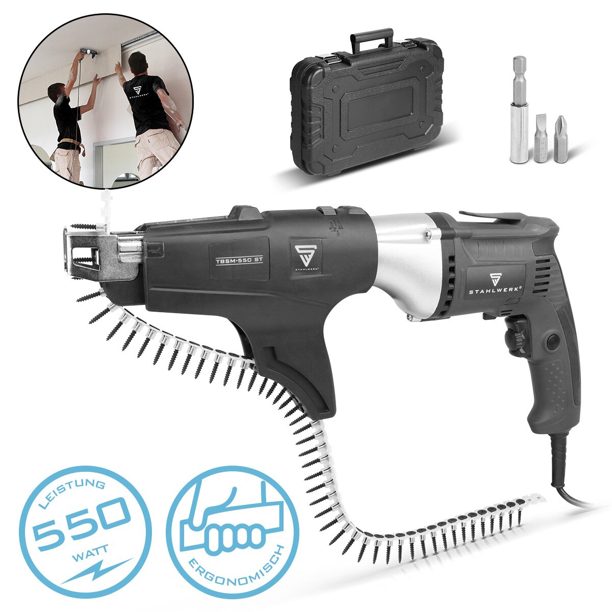 Tournevis pour cloisons sèches STAHLWERK avec chargeur TBSM-550 ST avec tournevis haute vitesse 550 W et 0 - 5500 tr/min | tournevis de chantier | Tournevis électrique | Tournevis pour cloisons sèches | Tournevis à chargeur