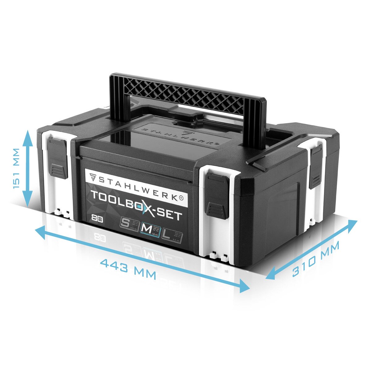 STAHLWERK Universal Toolbox Größe M 443 x 310 x 151 mm stapelbare Systembox | Werkzeugkiste | Werkzeugkoffer | Werkzeug-Organizer im Modul-System aus hochbelastbarem ABS-Kunststoff mit Tragegriff