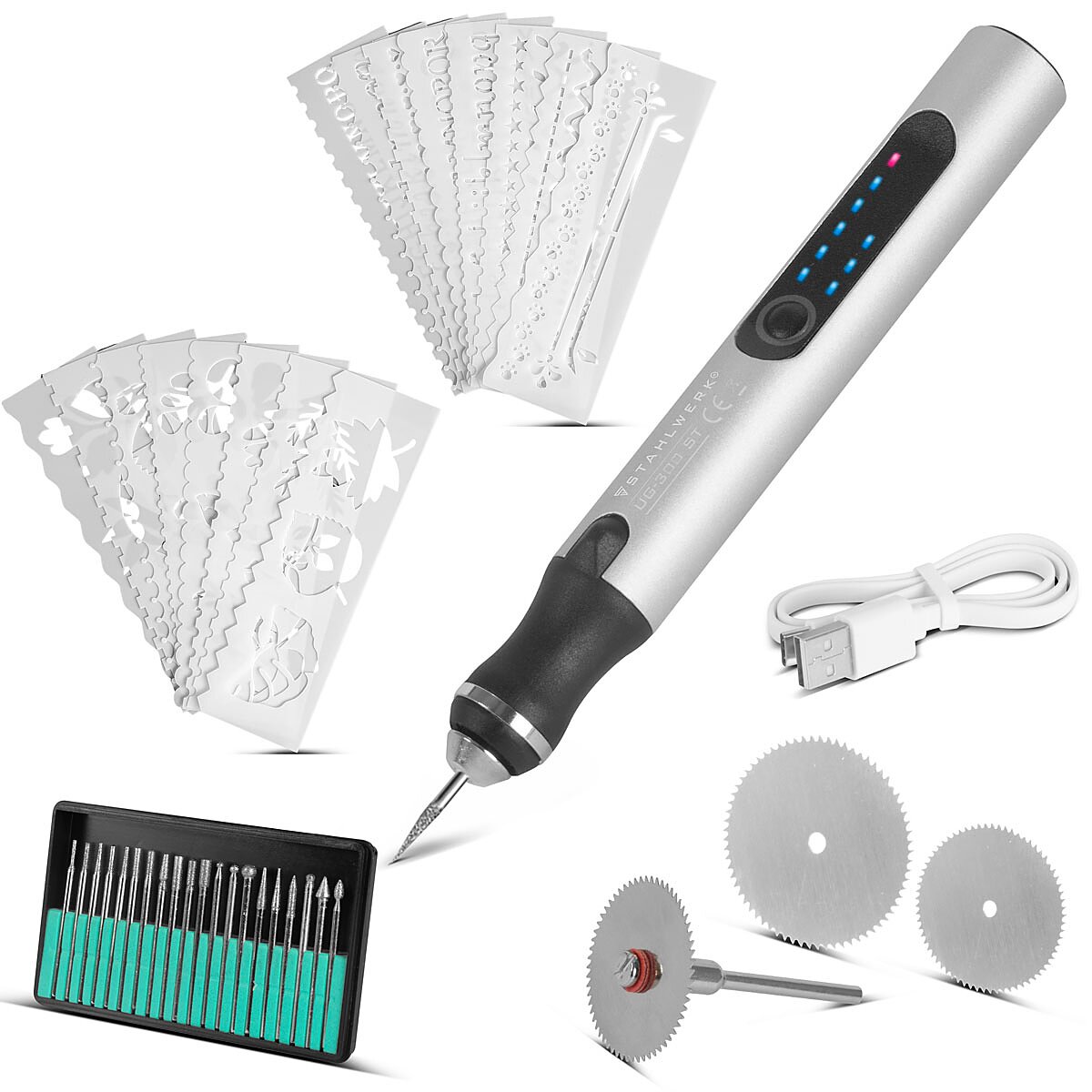 Lápiz grabador USB STAHLWERK UG-300 ST con grabador inalámbrico de 8 W | Pluma de grabado | Dispositivo de grabado | Dispositivo de grabado | cortador | Herramienta de grabado con 3 marchas y hasta 18.000 rpm para trabajos de grabado precisos