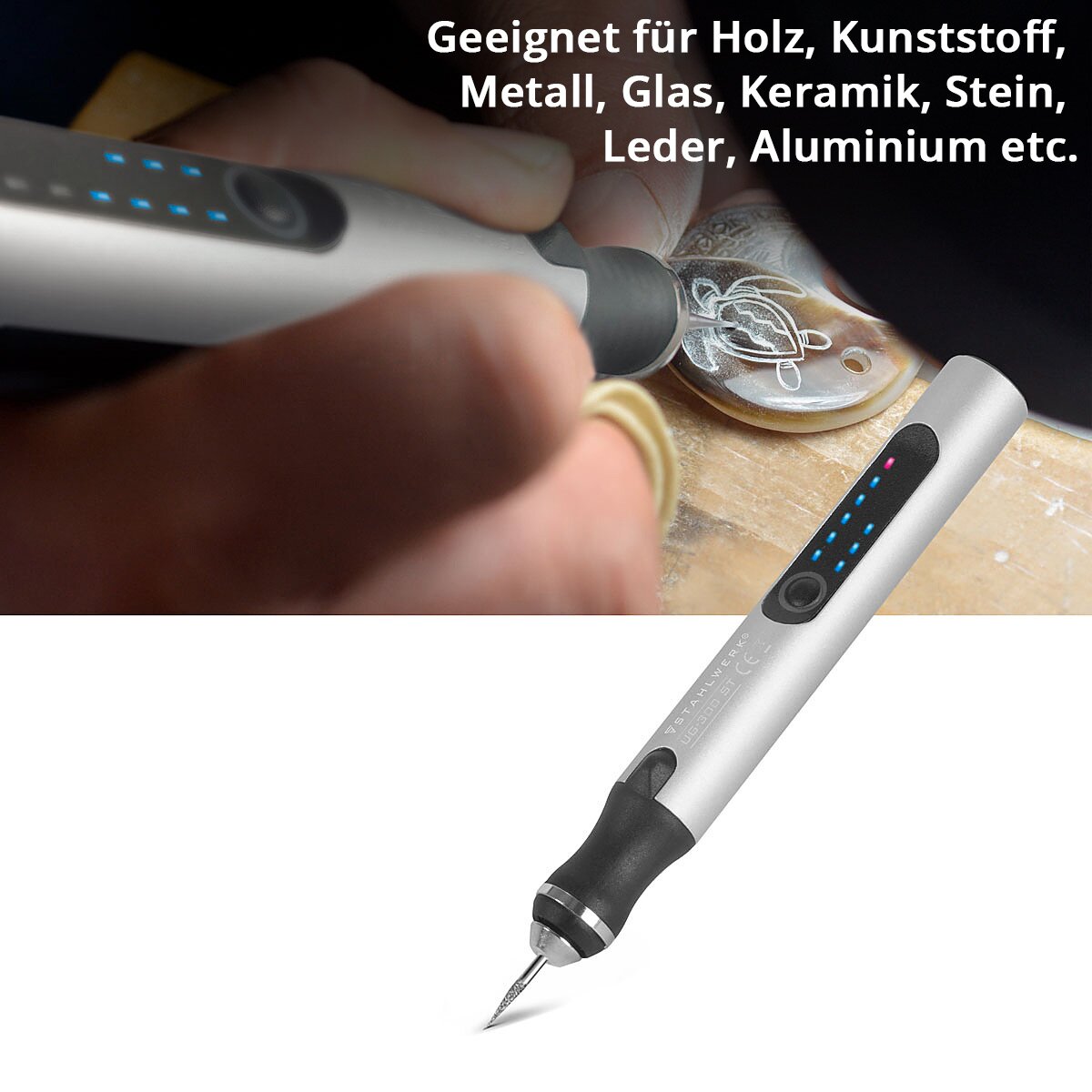 Acciaio in acciaio USB Incisione della penna UG-300 ST con batteria da 8 W incise | GravuRStift | Dispositivo Gravier | Dispositivo a gravi | Miss | Strumento di incisione con 3 marce e fino a 18.000 giri / min per un lavoro di incisore preciso