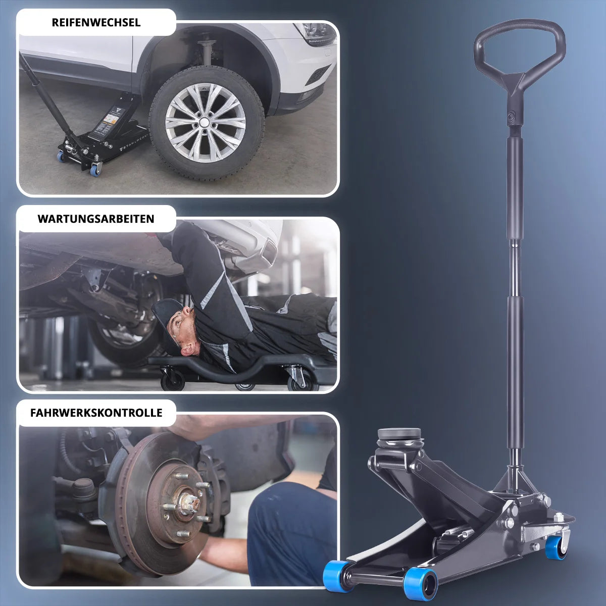 Cric de voiture STAHLWERK WHB-73 ST | Capacité de charge de 3 t | Double piston alternatif | Hauteur de levage 73-500 mm | Cric roulant extra plat | Cric hydraulique | Cric de voiture noir | Rouleaux silencieux bleus | 2 patins en caoutchouc