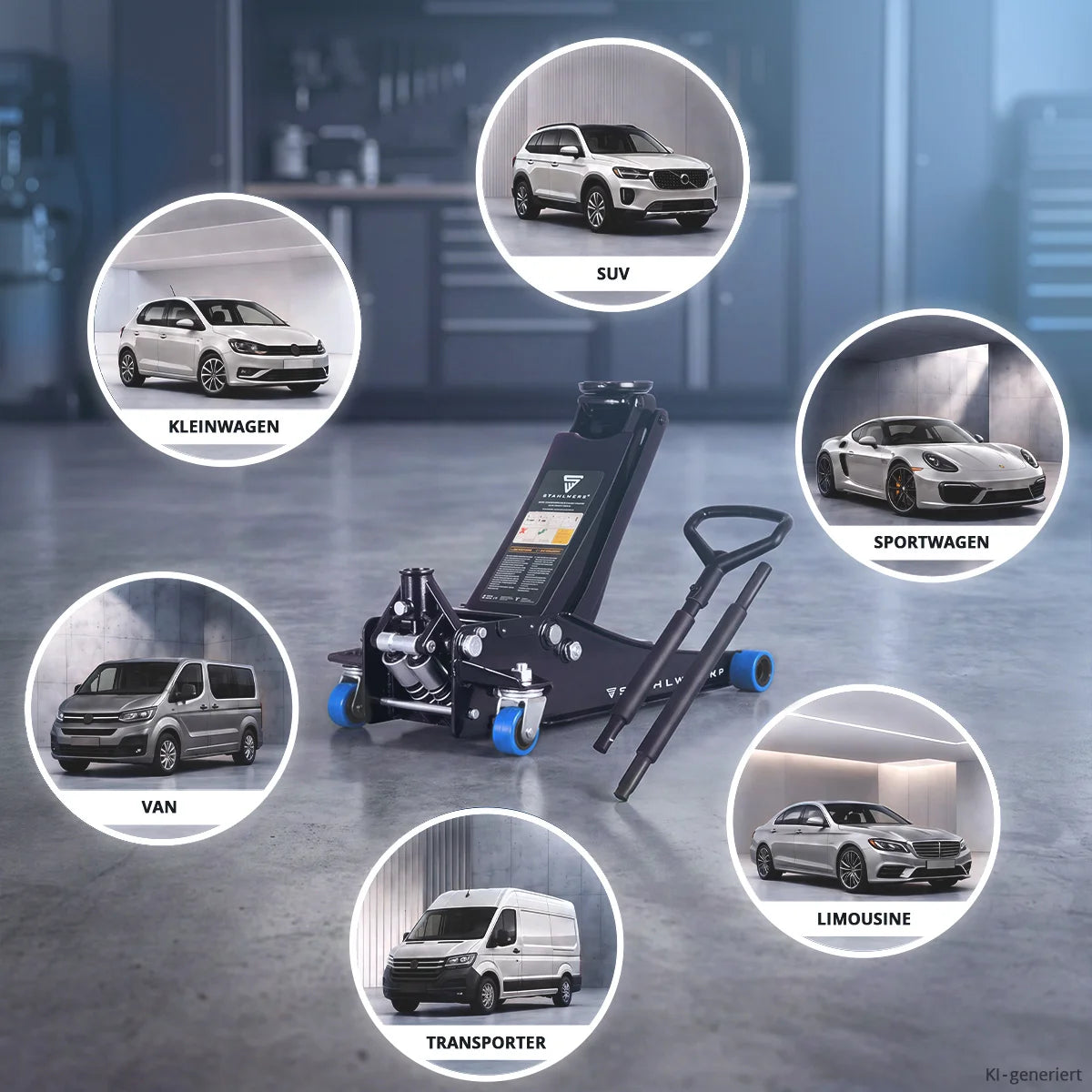 Cric de voiture STAHLWERK WHB-73 ST | Capacité de charge de 3 t | Double piston alternatif | Hauteur de levage 73-500 mm | Cric roulant extra plat | Cric hydraulique | Cric de voiture noir | Rouleaux silencieux bleus | 2 patins en caoutchouc