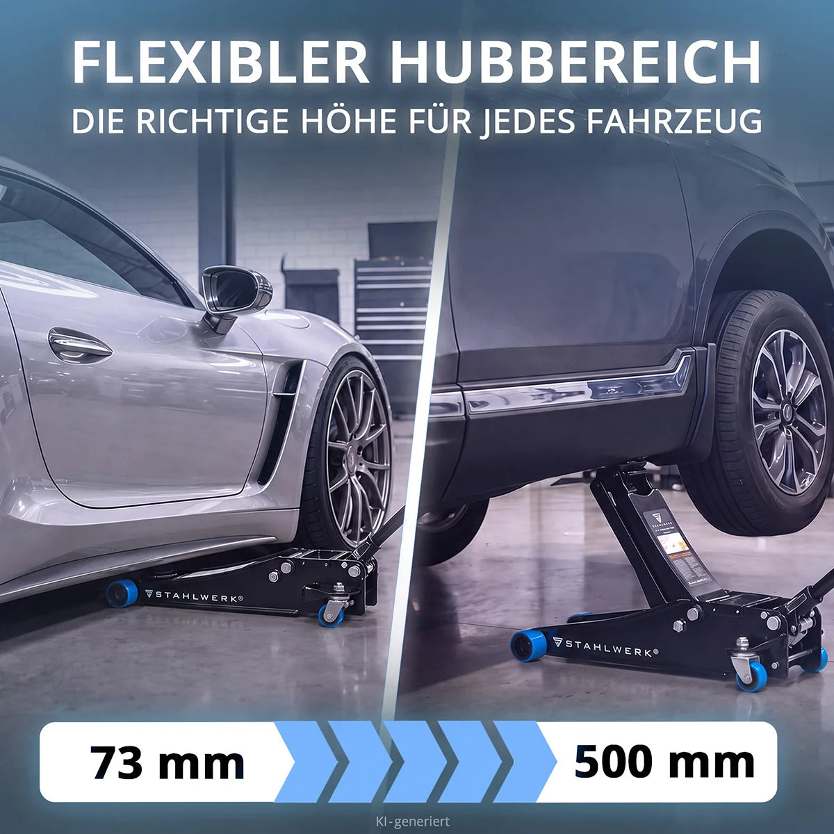 Cric de voiture STAHLWERK WHB-73 ST | Capacité de charge de 3 t | Double piston alternatif | Hauteur de levage 73-500 mm | Cric roulant extra plat | Cric hydraulique | Cric de voiture noir | Rouleaux silencieux bleus | 2 patins en caoutchouc