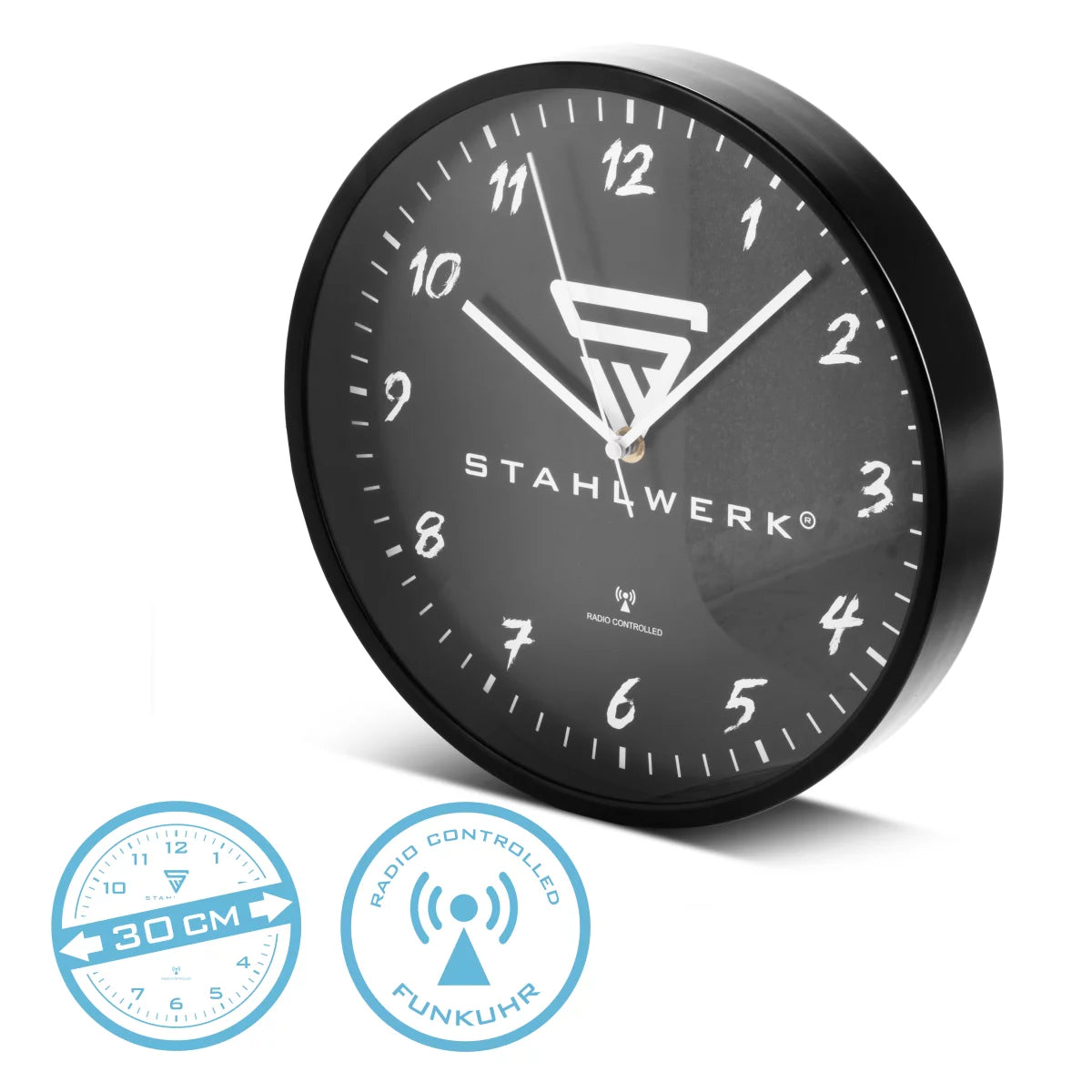 STAHLWERK Wanduhr 30 cm schwarze Werkstattuhr | Funkuhr | Funkwanduhr | Bürouhr | Küchenuhr mit Aluminium-Gehäuse und RCC-Uhrwerk