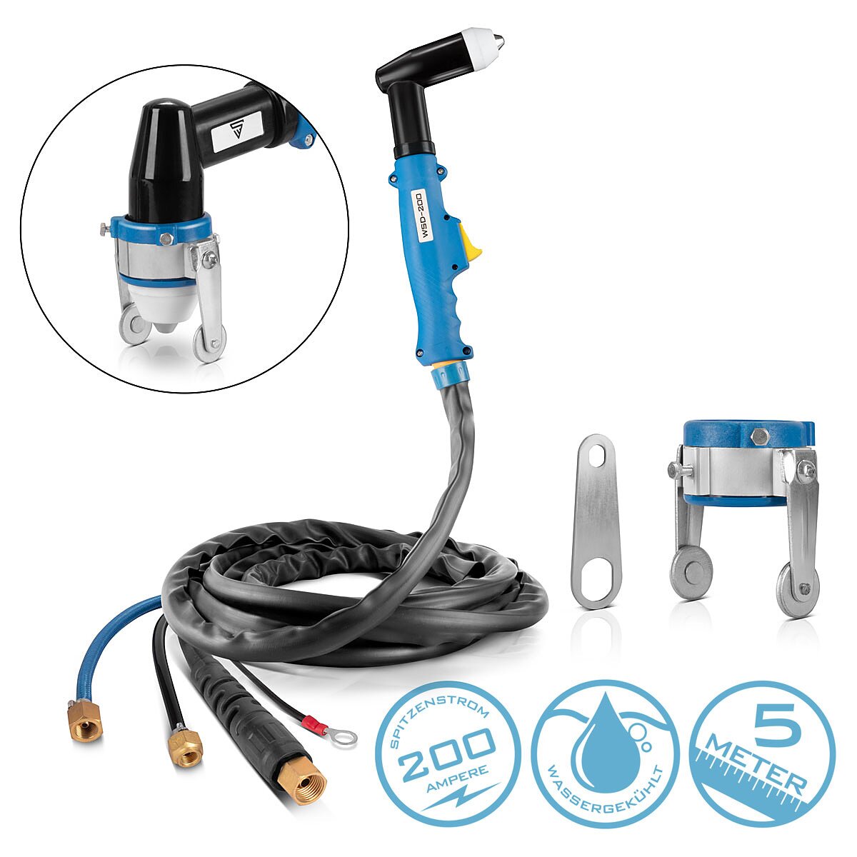 Torche de découpe plasma refroidie à l'eau STAHLWERK WSD-200 jusqu'à 200 A Torche de découpe CUT | Torche à plasma avec paquet de tuyaux de 5 m et entretoise séparée, y compris refroidisseur d'eau de 370 W et réservoir de 6 L