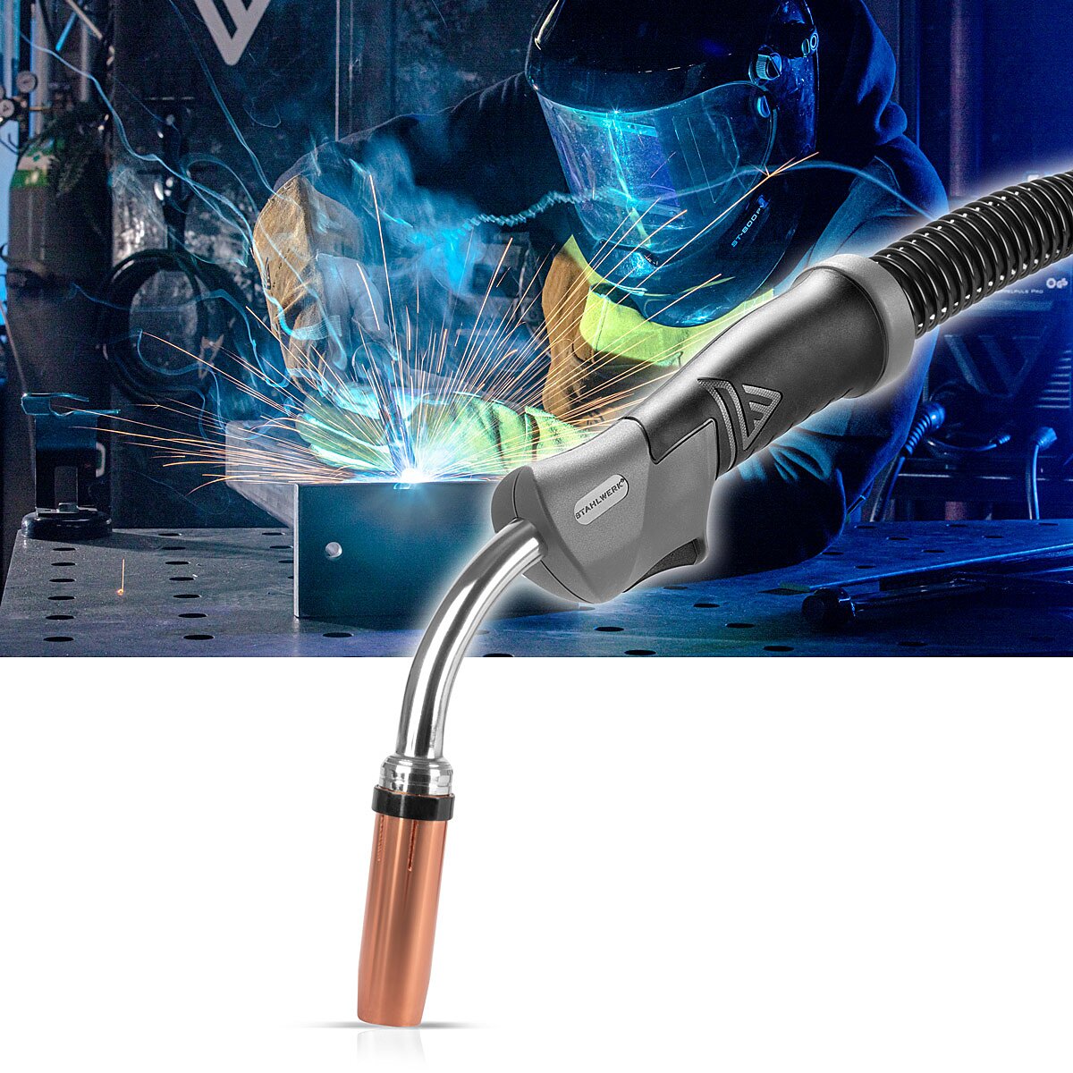 STAHLWERK water-cooled MIG MAG welding torch AK501D | MB501D up to 500 A with 3 m inert gas hose package and Euro central connection including water cooler with 370 W and 6 L tank