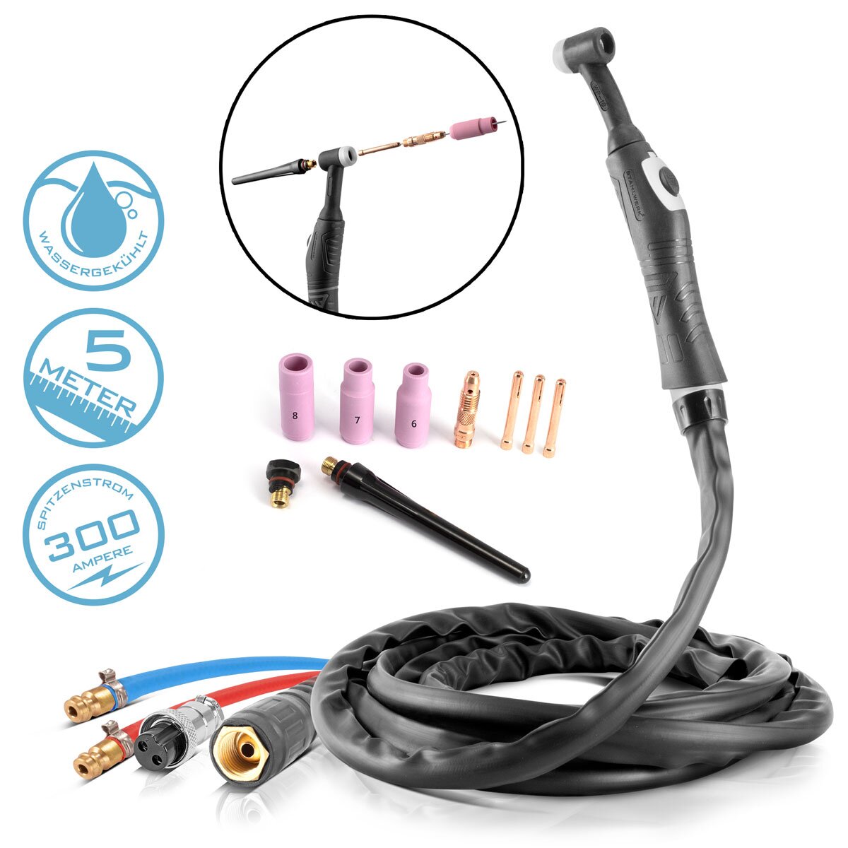 STAHLWERK water-cooled TIG welding torch WP18 | SR18 up to 300 A with 5 m inert gas hose package including water cooler with 370 W and 6 L tank