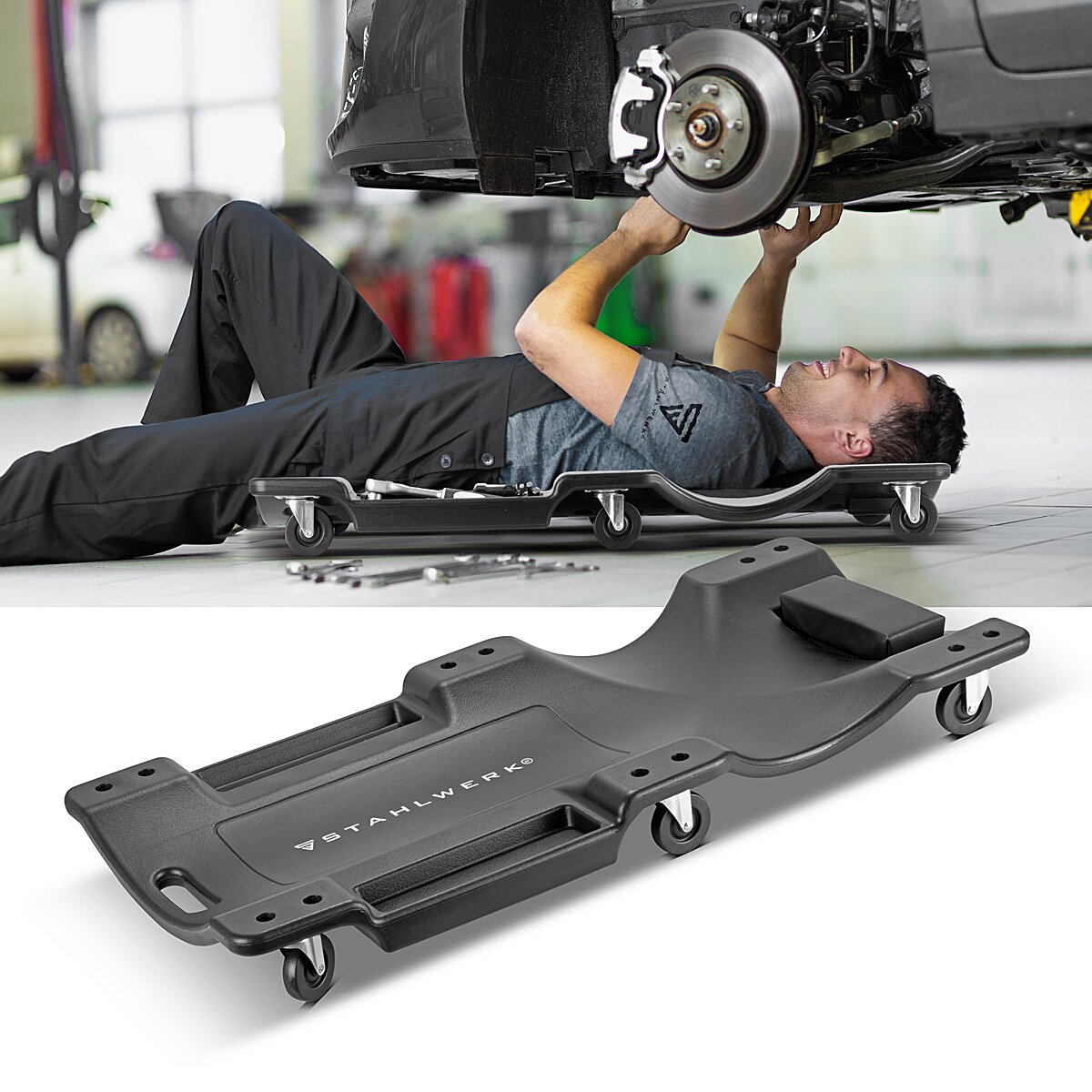 STAHLWERK vehicle roller board RC-40 ST with 500 kg load capacity and 6 movable wheels, ergonomic assembly roller board | Assembly couch | Workshop roller board | Workshop couch made of robust plastic