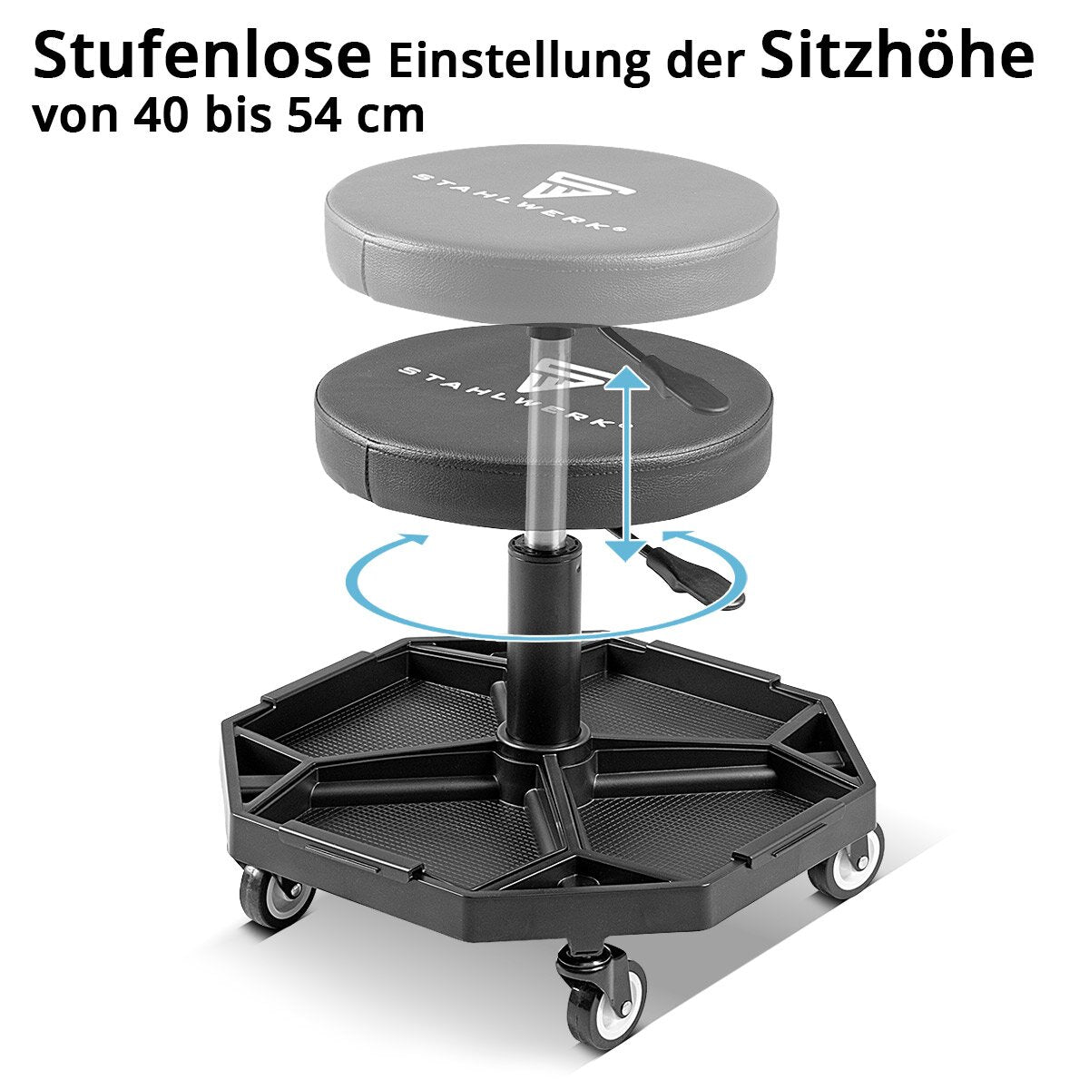STAHLWERK Höhenverstellbarer Werkstatthocker WRH-136 ST bis 136 kg belastbar, 40-54 cm Sitzhöhe, mit vier herausnehmbaren Ablagefächern, Rollsitz / Rollhocker mit kugelgelagerten Leichtlauf-Lenkrollen
