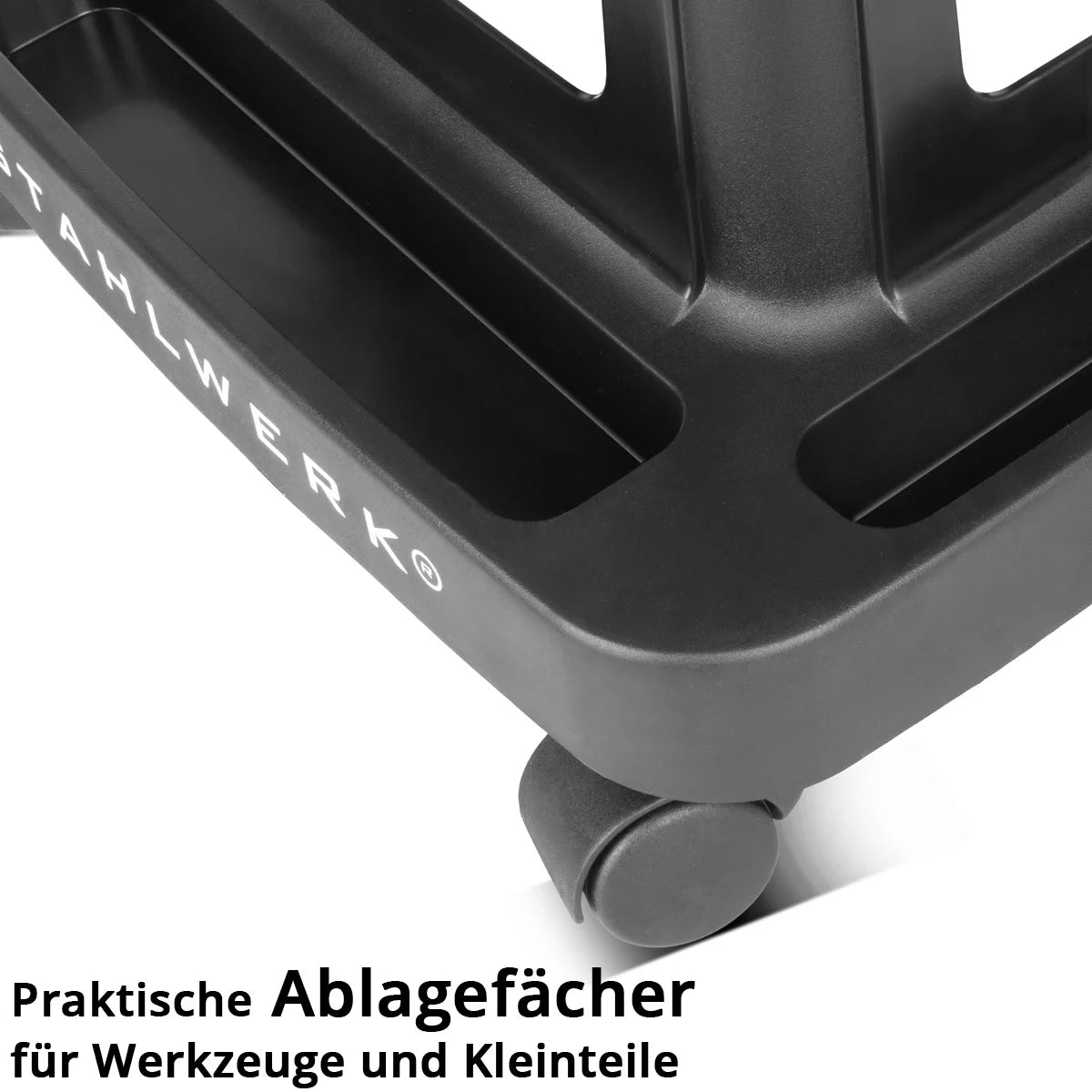 Taburete de taller STAHLWERK MWH-135 ST | Capacidad de carga de 135 kg | Asiento de taller enrollable con ruedas giratorias y compartimento interior | Silla de taller ligera | Robusto taburete de taller con ruedas y huecos para guardar cosas