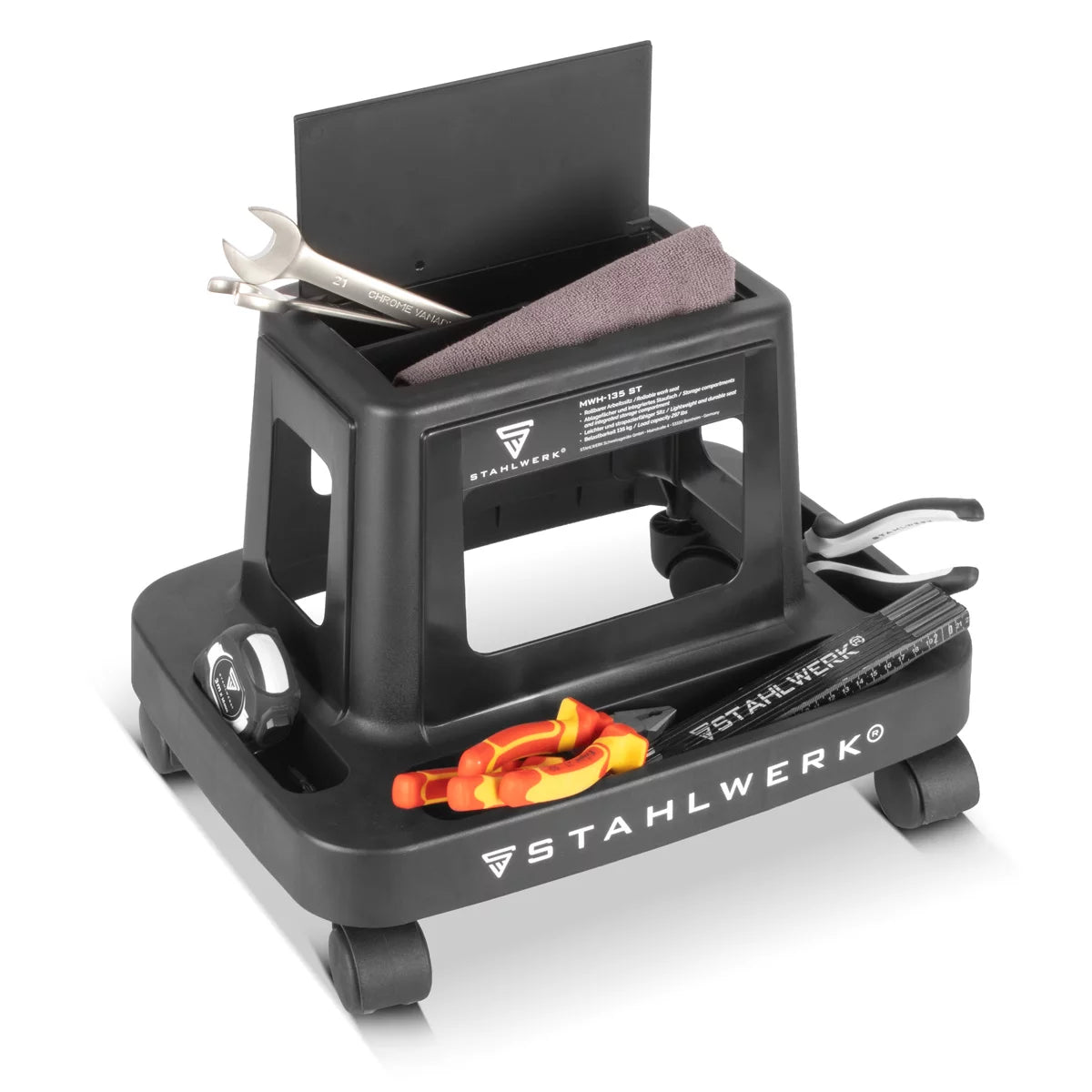 Taburete de taller STAHLWERK MWH-135 ST | Capacidad de carga de 135 kg | Asiento de taller enrollable con ruedas giratorias y compartimento interior | Silla de taller ligera | Robusto taburete de taller con ruedas y huecos para guardar cosas