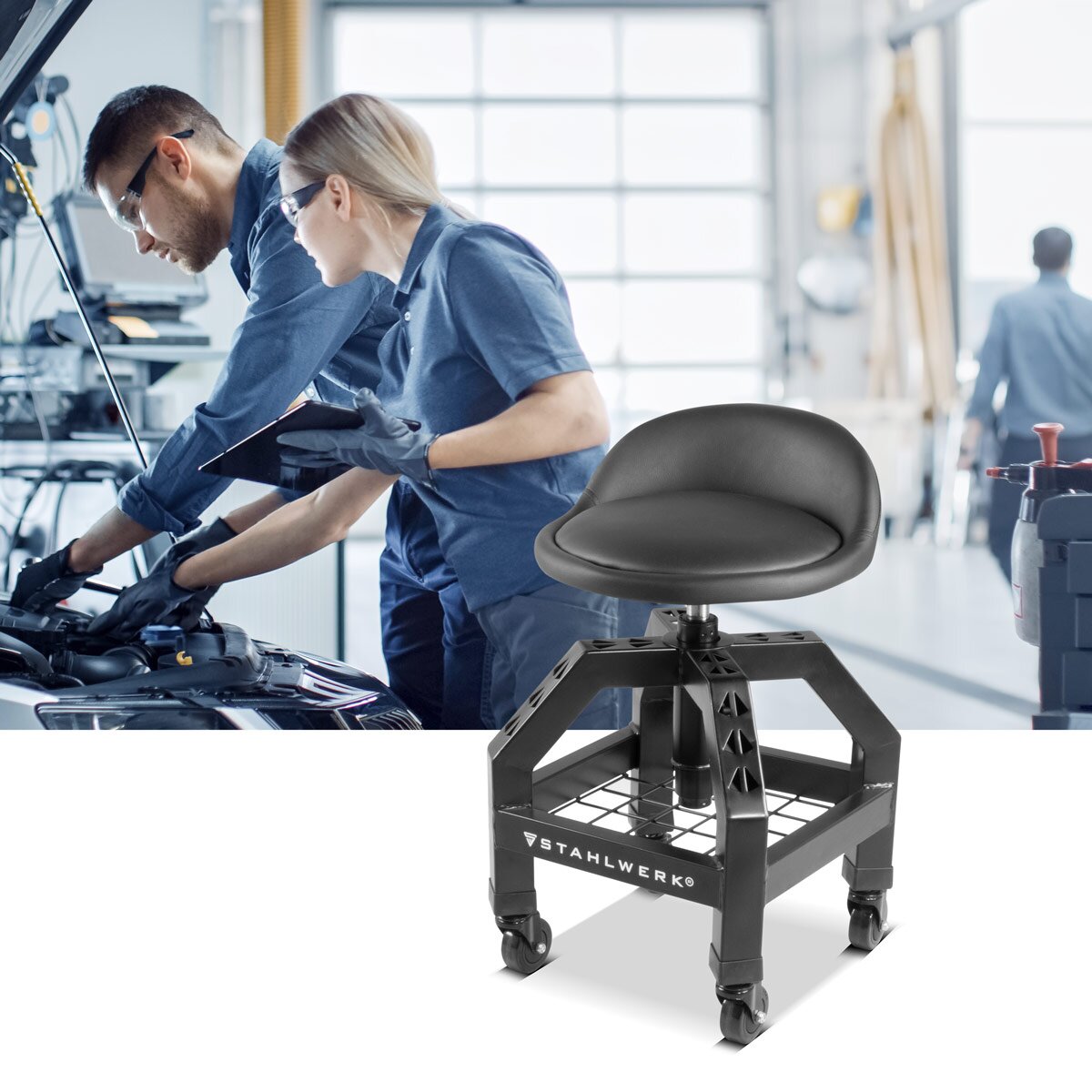 STAHLWERK Height-adjustable workshop stool VWH-300 ST with large storage compartment, can hold up to 136 kg, 59-76 cm seat height, rolling seat / rolling stool with ball-bearing smooth-running swivel castors
