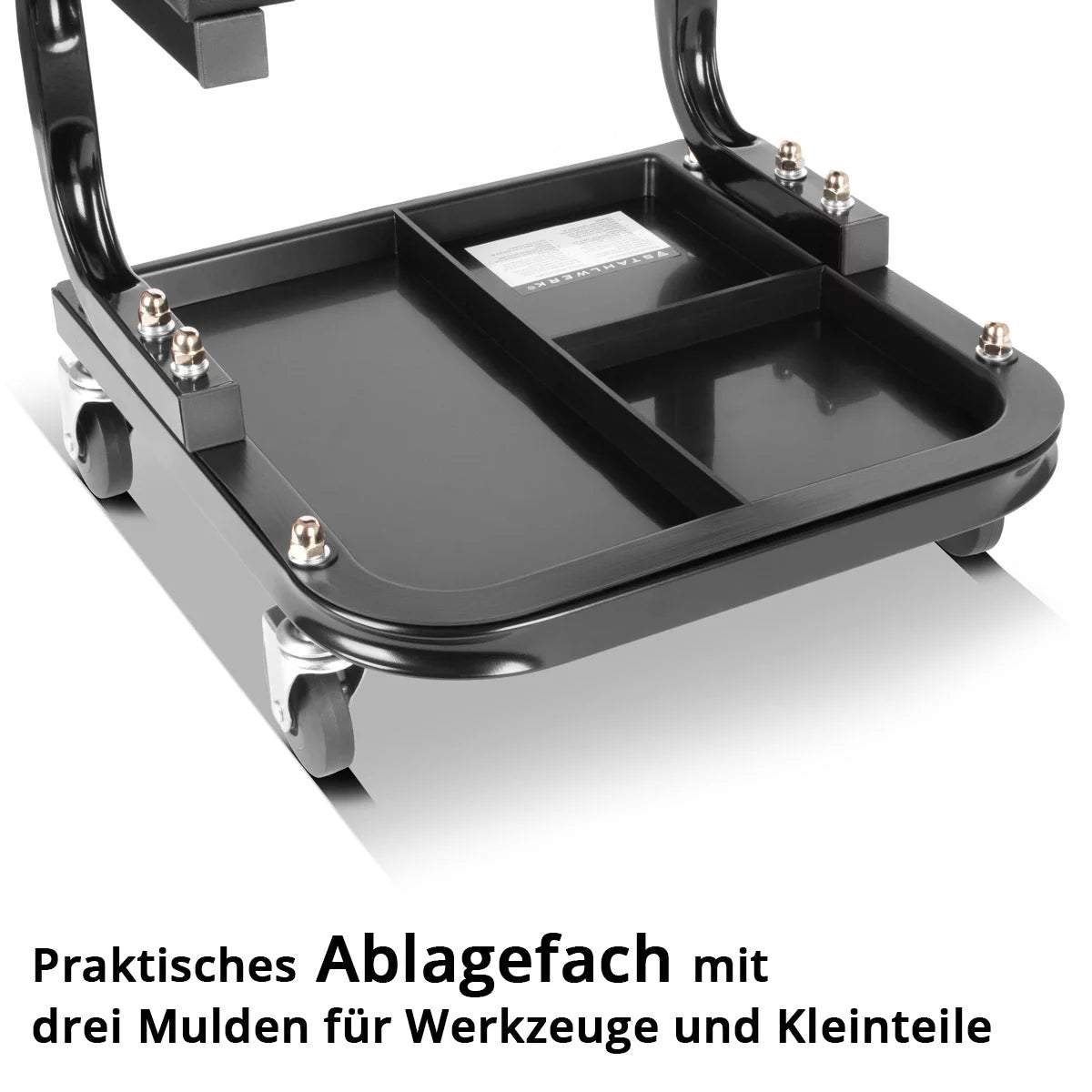 STAHLWERK Werkstatthocker MWH-118 ST | 118 kg Tragkraft |Rollbarer Werkstattsitz | Werkstattstuhl | Rollhocker | Arbeitshocker | Werkstattrollsitz mit Leichtlauf-Lenkrollen und Ablagemulden