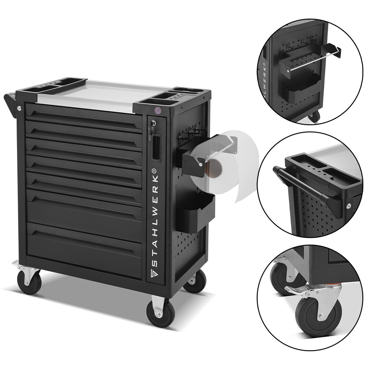STAHLWERK workshop trolley EAGLE lockable tool trolley | Professional assembly trolley | Tool organizer with 7 drawers, side pull-out and rubberized long-life wheels