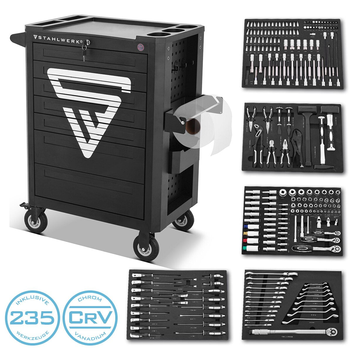 STAHLWERK workshop trolley SHARK equipped with 235 premium tools made of chrome vanadium lockable tool trolley | Professional assembly trolley with 7 drawers and rubberized long-life wheels