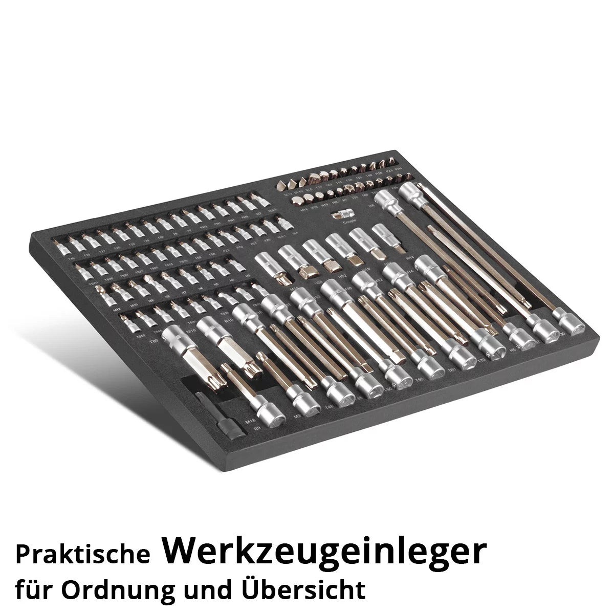 STAHLWERK 102-teiliger Profi-Steckschlüsselsatz in Werkstattwageneinlage | Hochwertiges CrV-Werkzeug | Werkzeugwageneinlage | Perfekte Ordnung | Bit- und Steckschlüssel-Set für Umschaltknarren