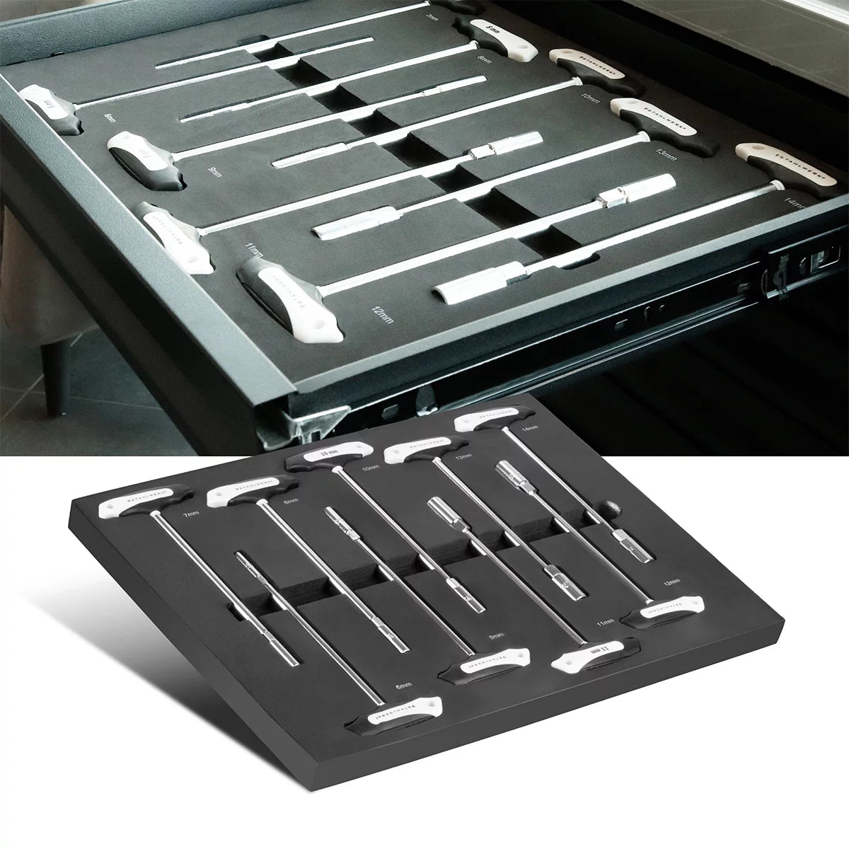 STAHLWERK Set di chiavi a bussola con impugnatura a T da 9 pezzi con inserto in schiuma per carrelli da officina | Utensili di alta qualità nell'inserto per carrello portautensili | Carico torsionale elevato | Tutte le dimensioni comuni