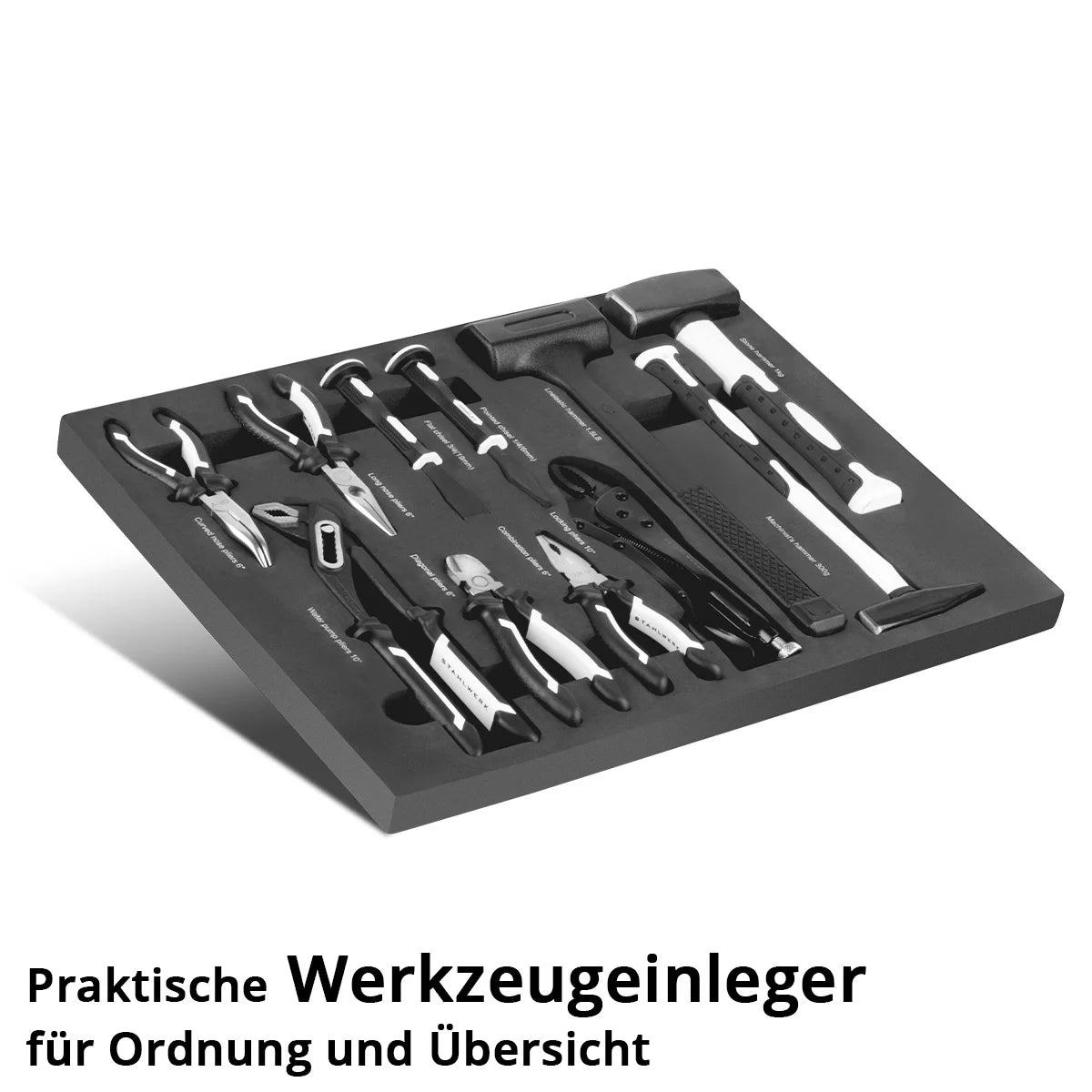 STAHLWERK 11-teiliges Profi-Werkzeug-Set mit Schaumstoffeinlage für Werkstattwagen | Hochwertiges Werkzeug in Werkzeugwageneinlage | Inklusive Zangen, Hämmer und Meißel